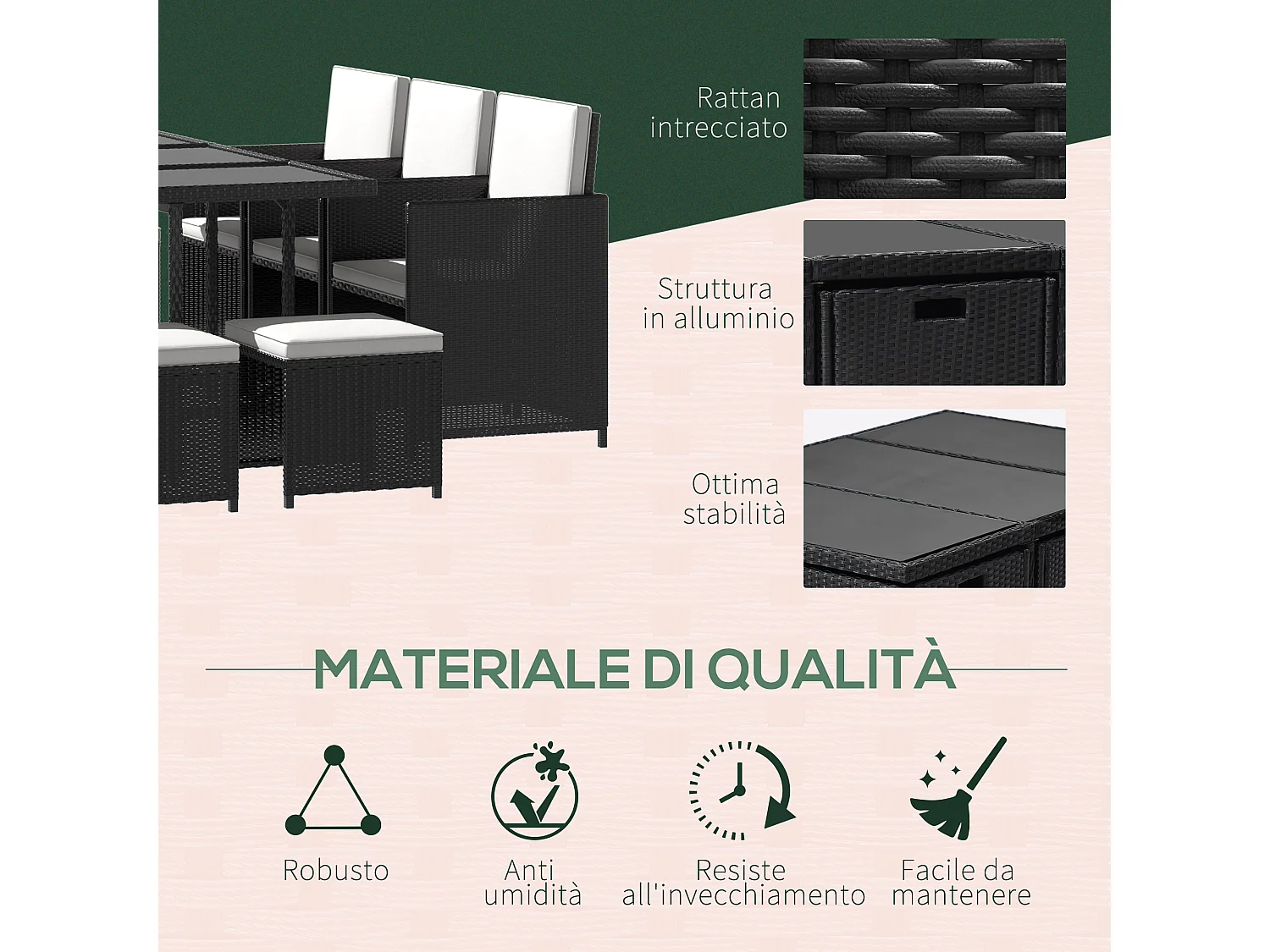 Set da giardino con tavolo 6 sedie e 4 sgabelli con cuscini nero