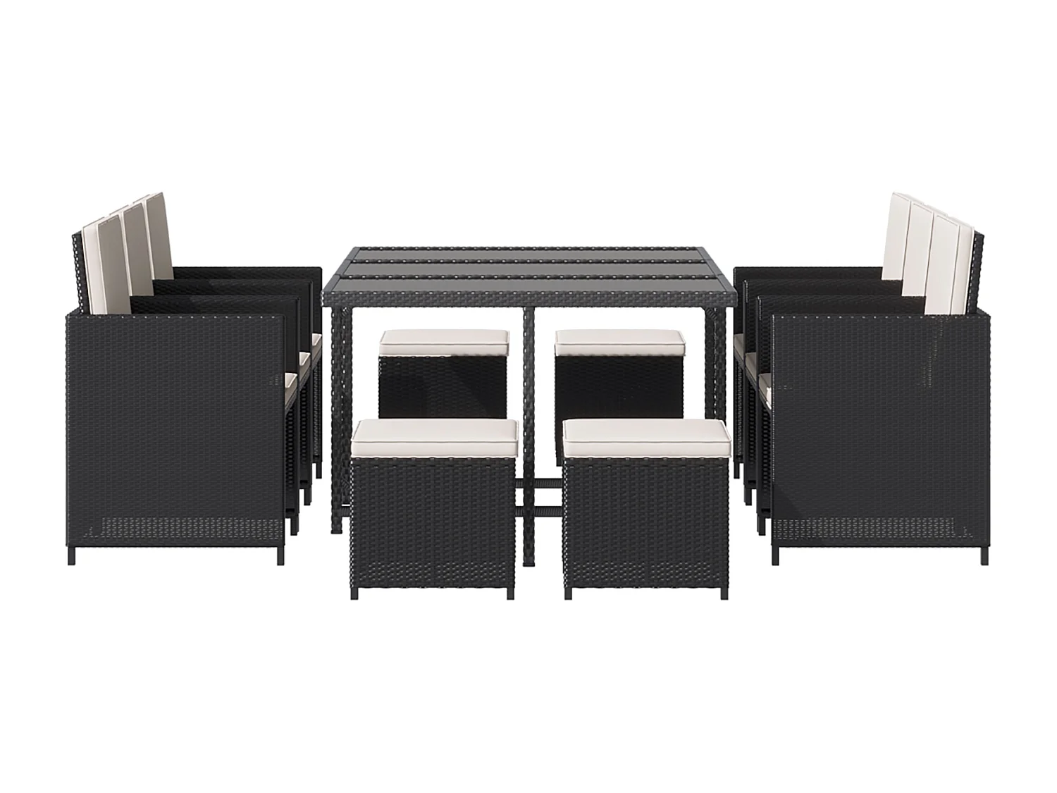 Set da giardino con tavolo 6 sedie e 4 sgabelli con cuscini nero