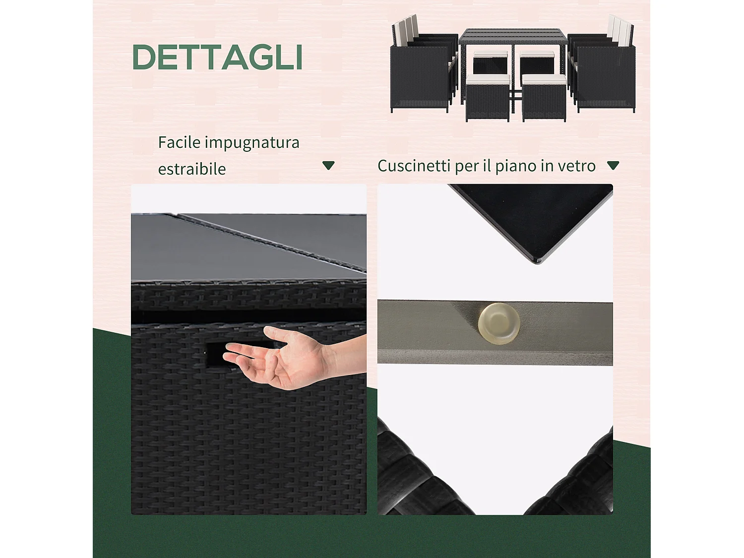 Set da giardino con tavolo 6 sedie e 4 sgabelli con cuscini nero