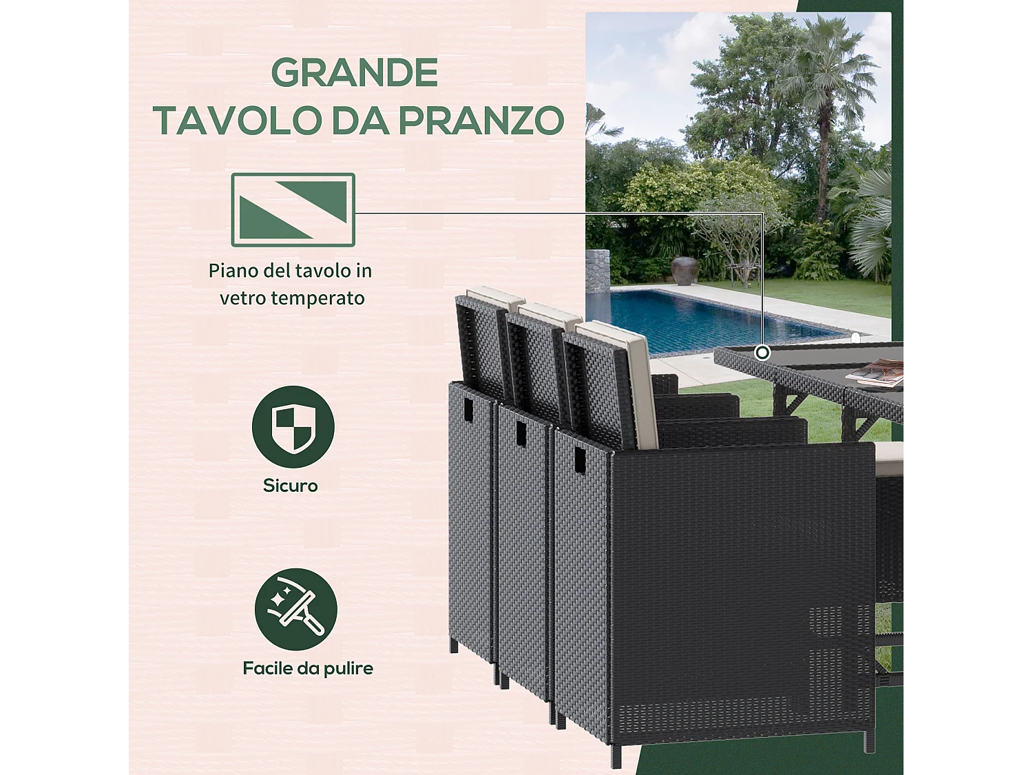 Set da giardino con tavolo 6 sedie e 4 sgabelli con cuscini nero