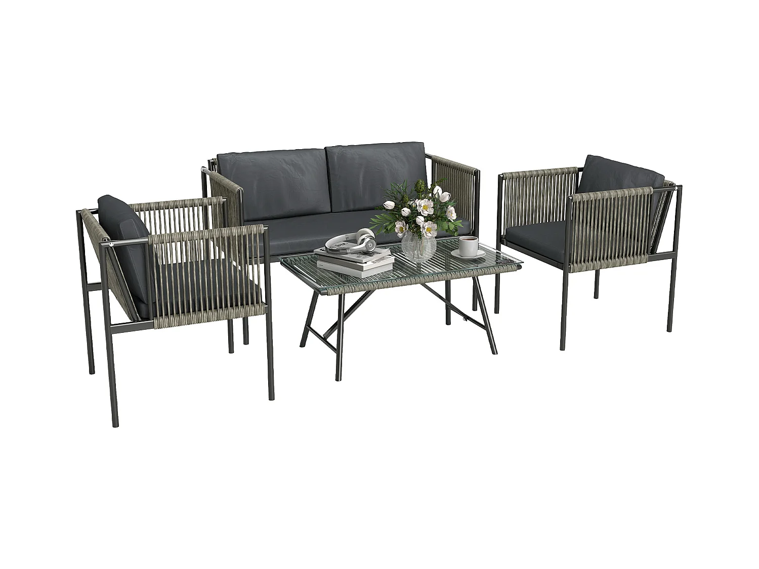 Salotto da giardino con 2 poltrone divano e tavolino in rattan grigio