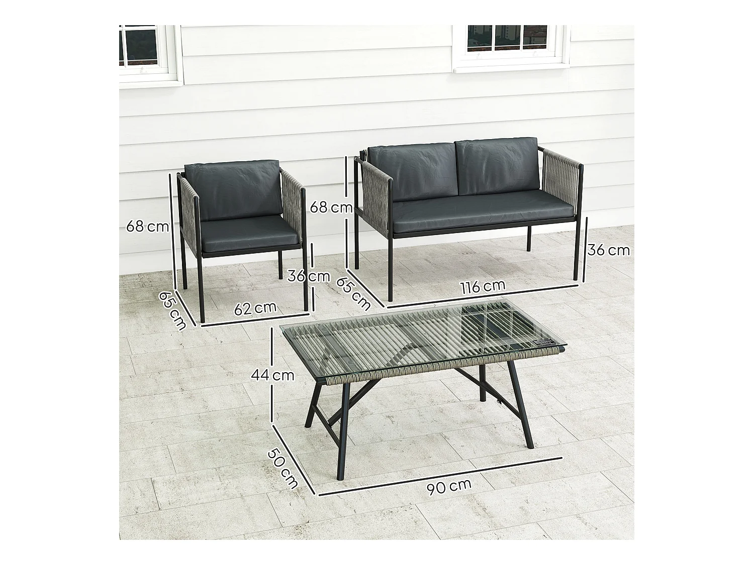 Salotto da giardino con 2 poltrone divano e tavolino in rattan grigio