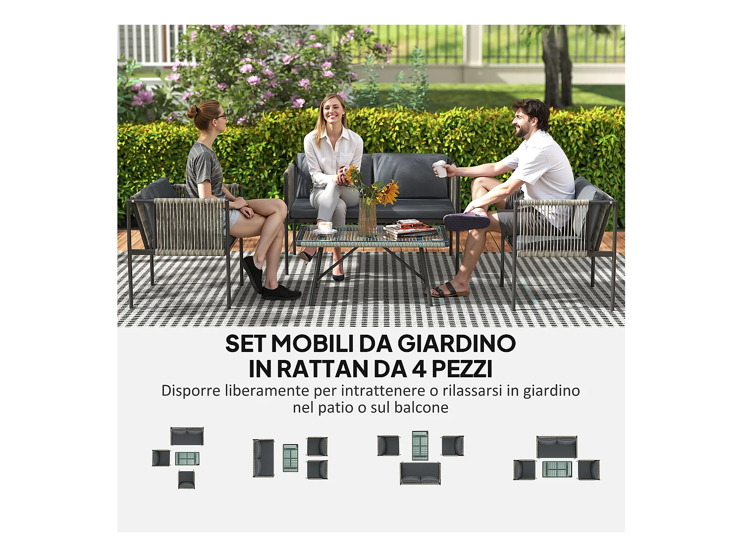 Salotto da giardino con 2 poltrone divano e tavolino in rattan grigio