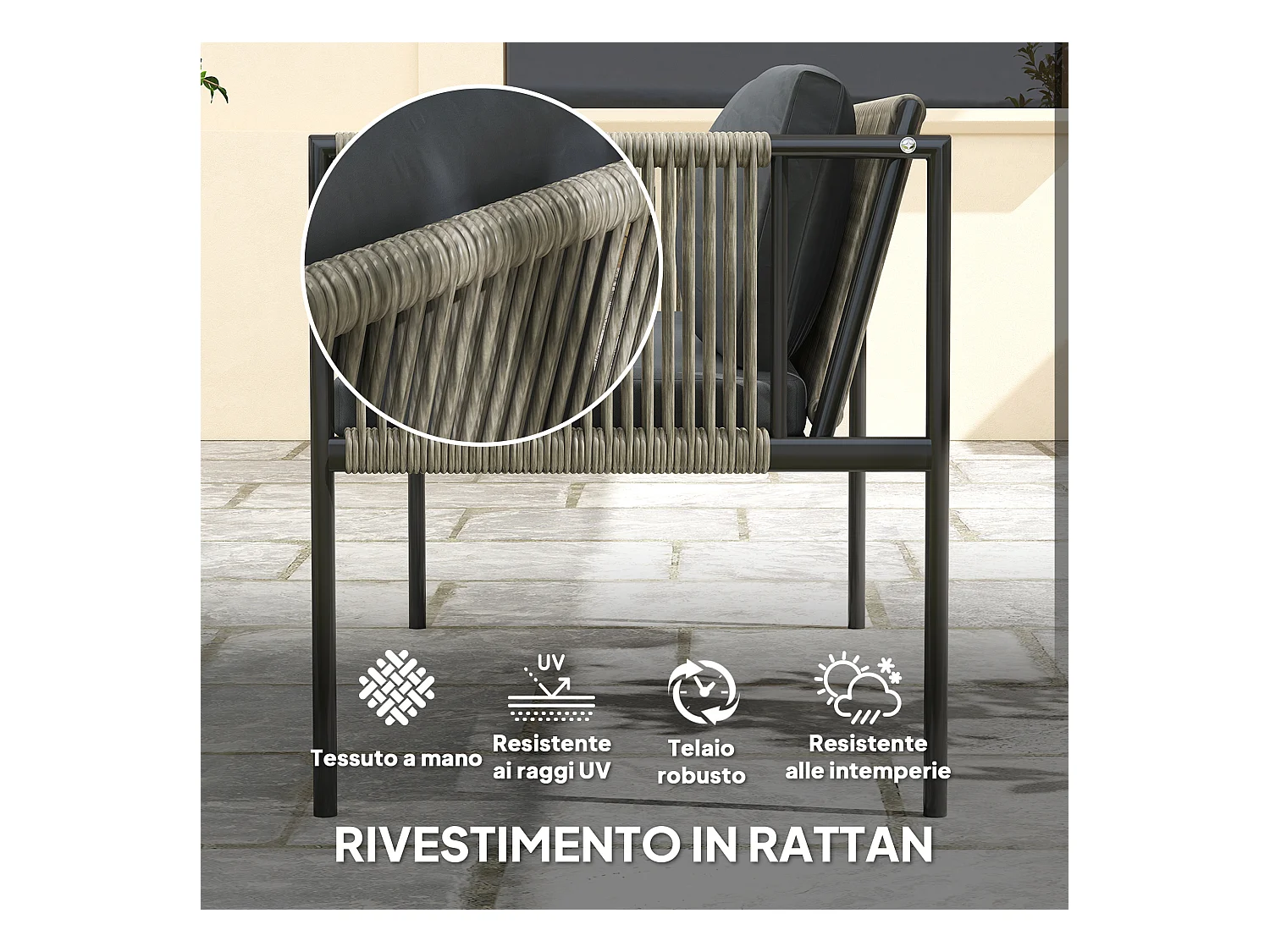 Salotto da giardino con 2 poltrone divano e tavolino in rattan grigio