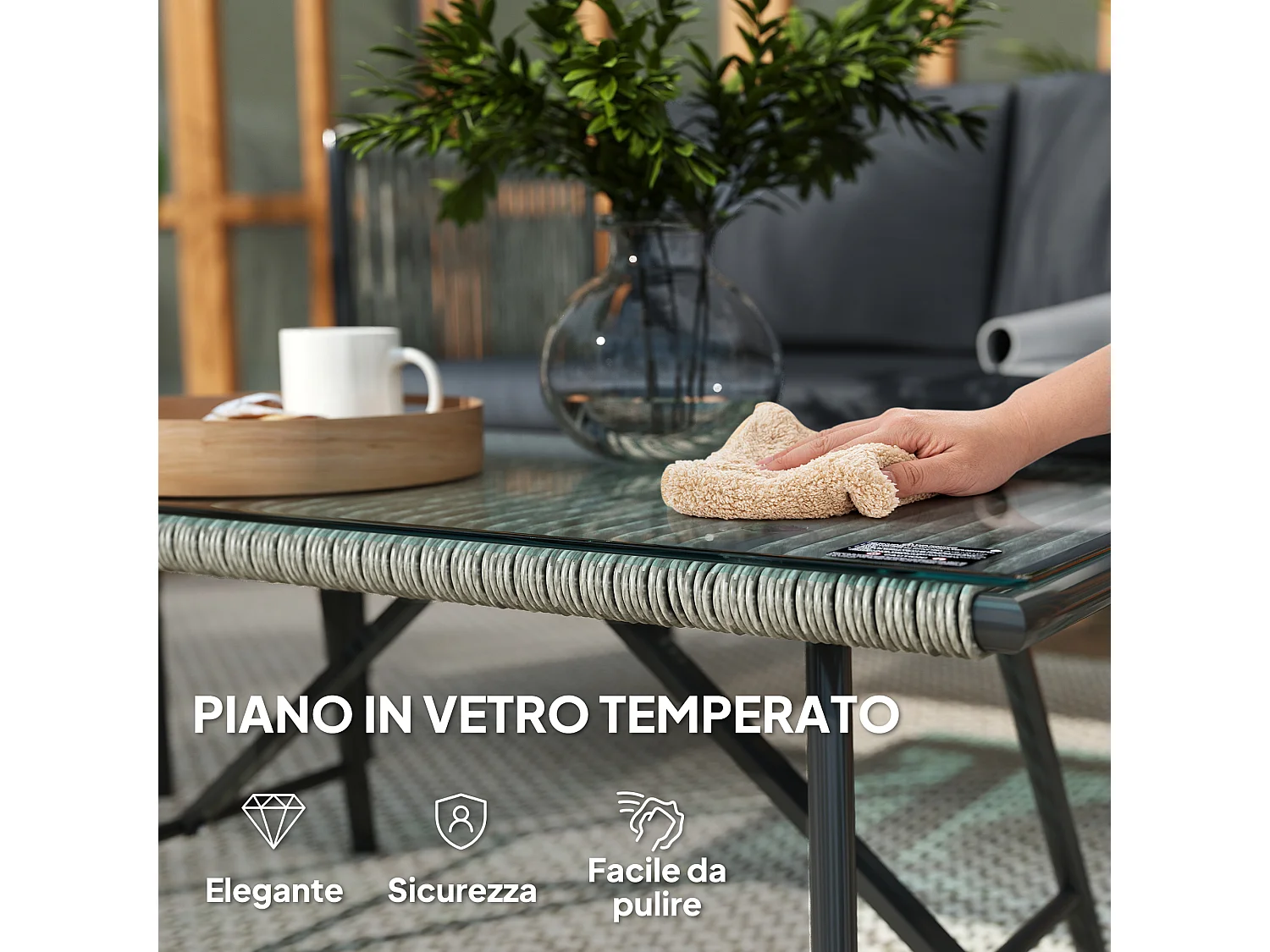 Salotto da giardino con 2 poltrone divano e tavolino in rattan grigio