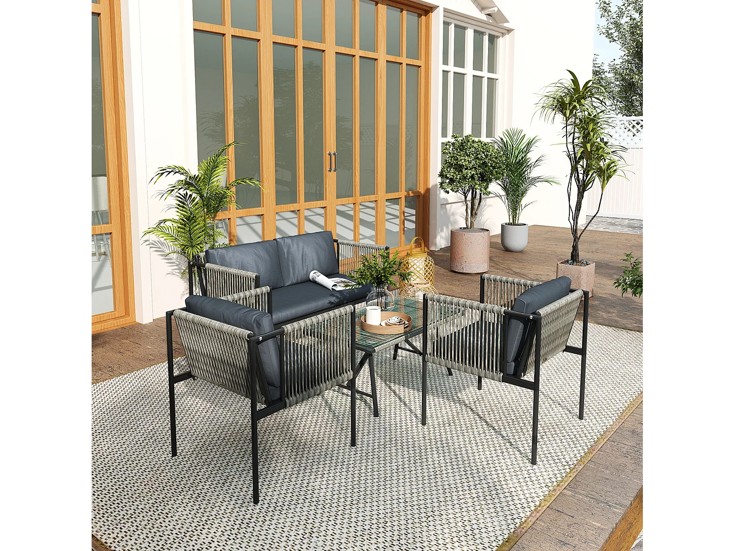 Salotto da giardino con 2 poltrone divano e tavolino in rattan grigio