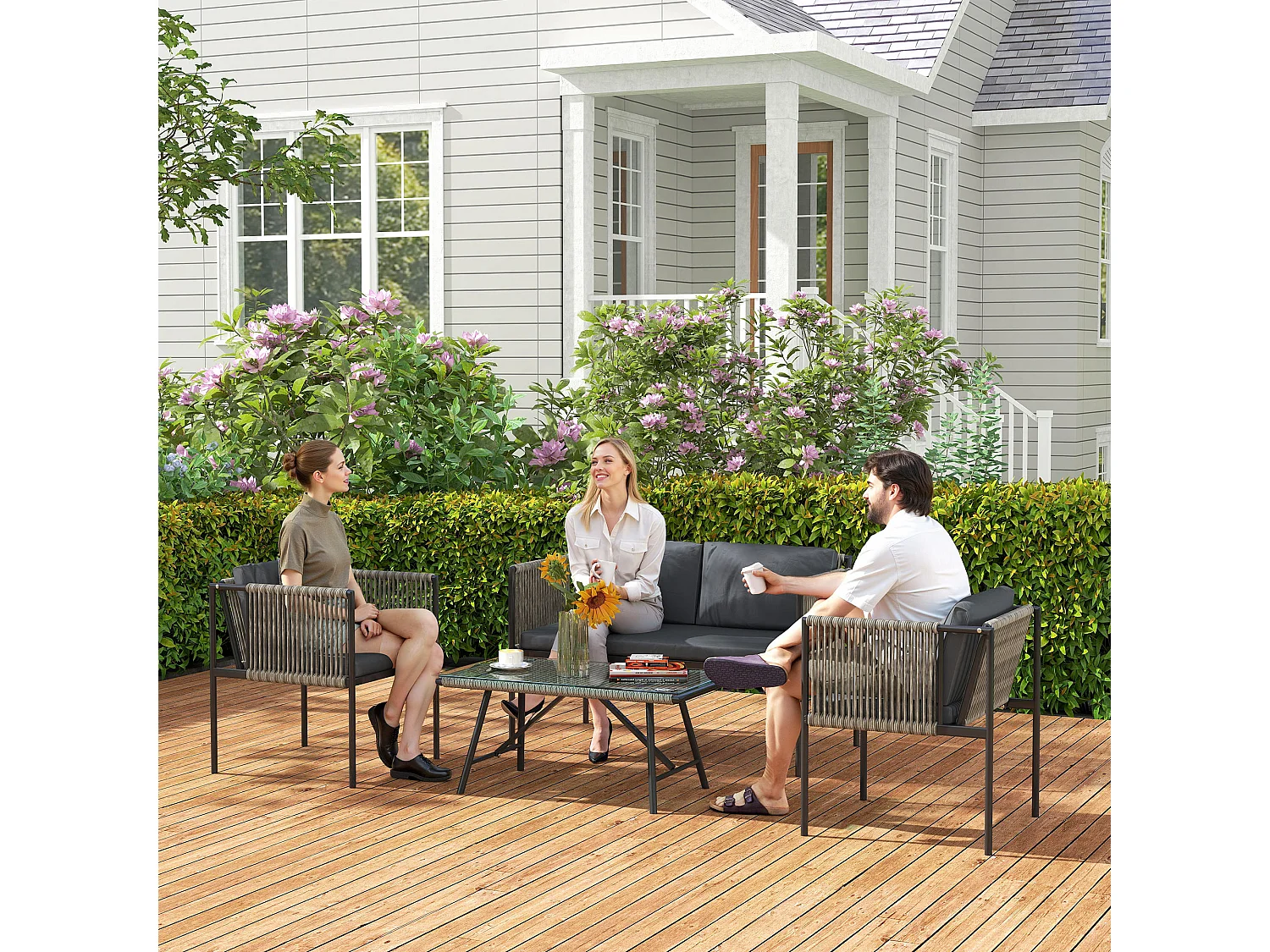 Salotto da giardino con 2 poltrone divano e tavolino in rattan grigio