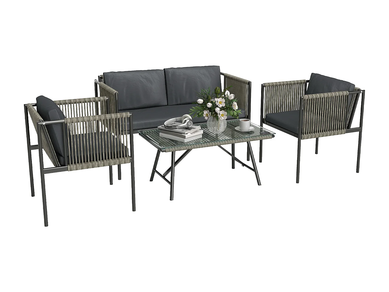 Salotto da giardino con 2 poltrone divano e tavolino in rattan grigio