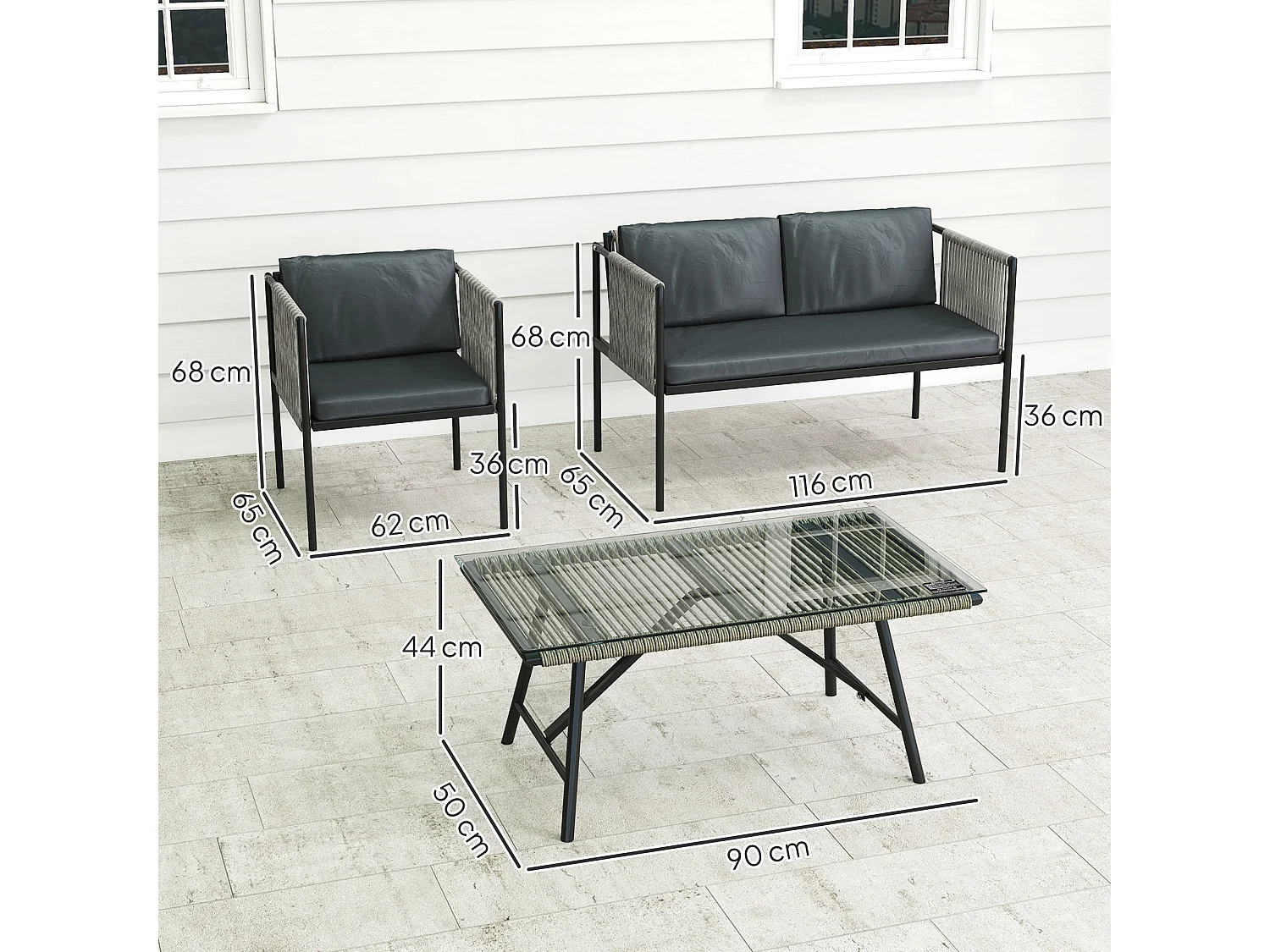 Salotto da giardino con 2 poltrone divano e tavolino in rattan grigio