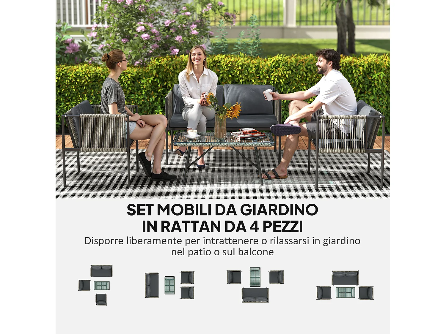 Salotto da giardino con 2 poltrone divano e tavolino in rattan grigio