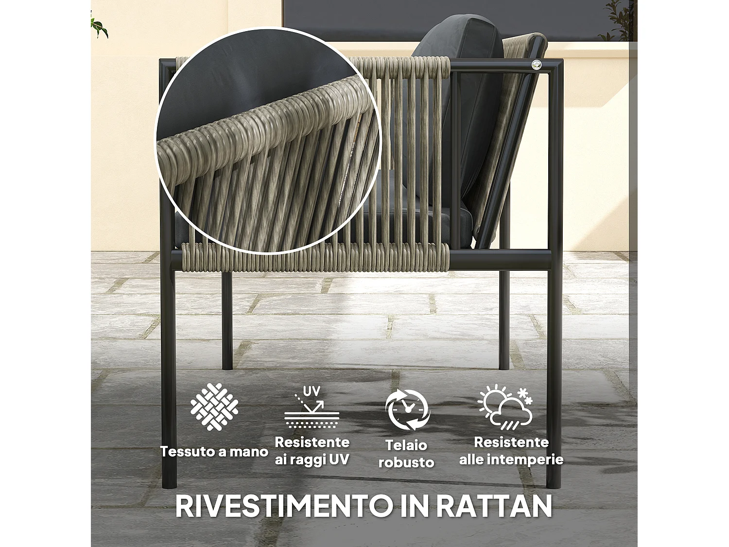 Salotto da giardino con 2 poltrone divano e tavolino in rattan grigio