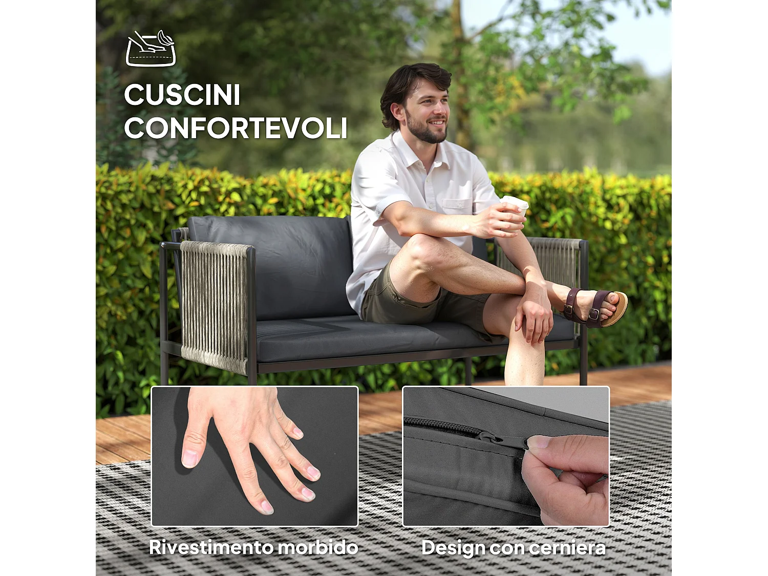 Salotto da giardino con 2 poltrone divano e tavolino in rattan grigio