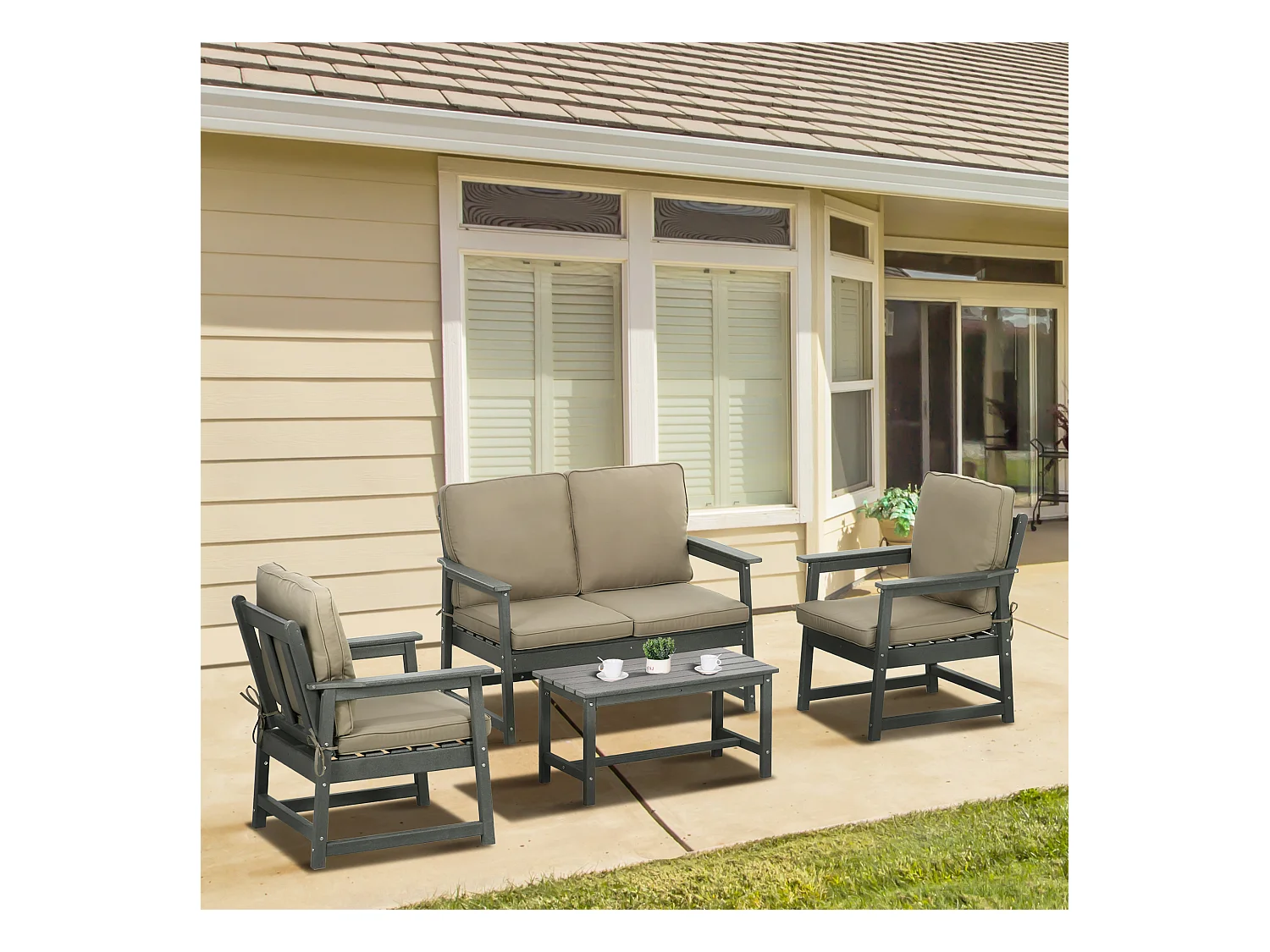 Set da giardino con 2 poltrone, divanetto e tavolino in hdpe grigio