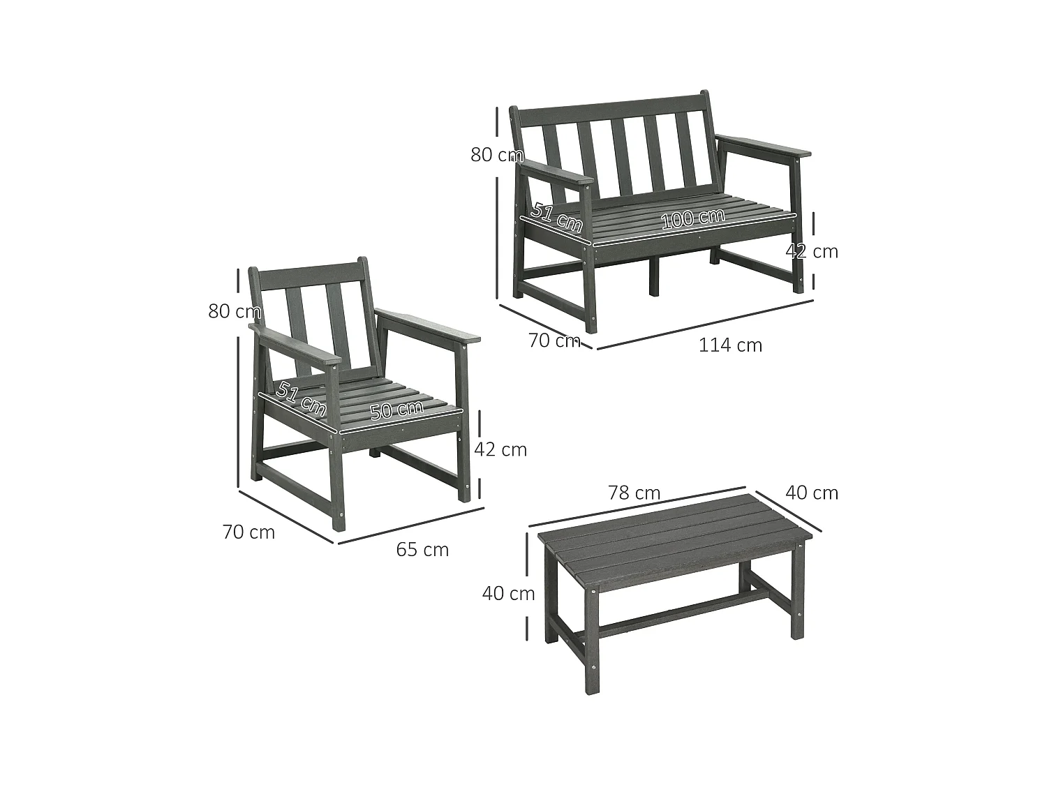 Set da giardino con 2 poltrone, divanetto e tavolino in hdpe grigio