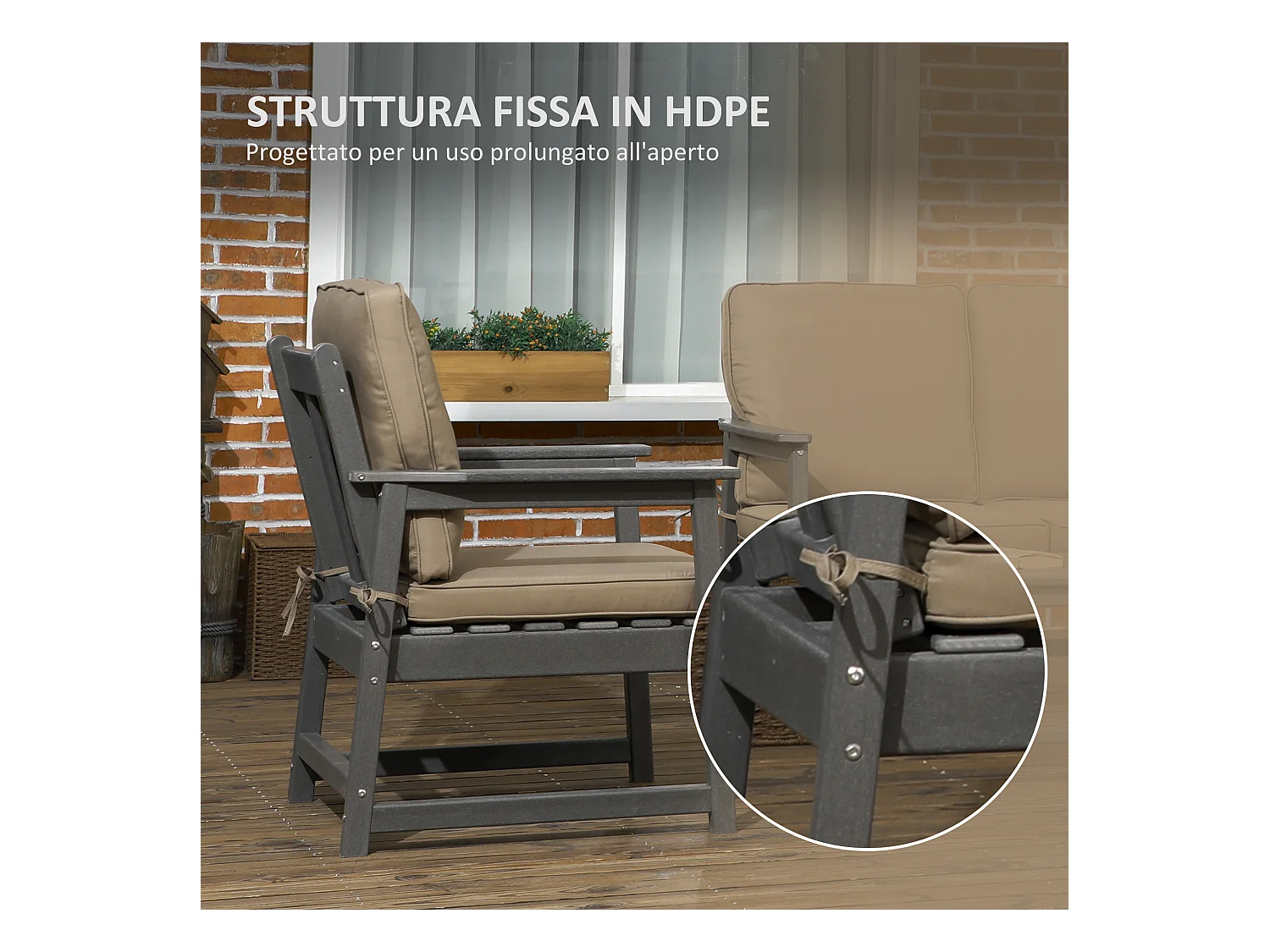 Set da giardino con 2 poltrone, divanetto e tavolino in hdpe grigio