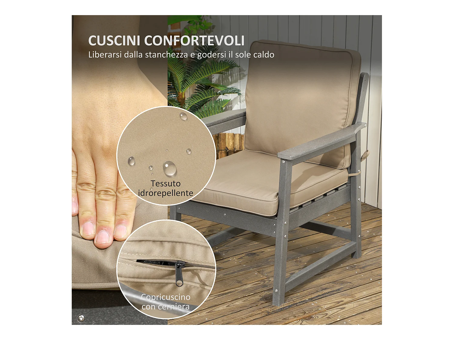 Set da giardino con 2 poltrone, divanetto e tavolino in hdpe grigio