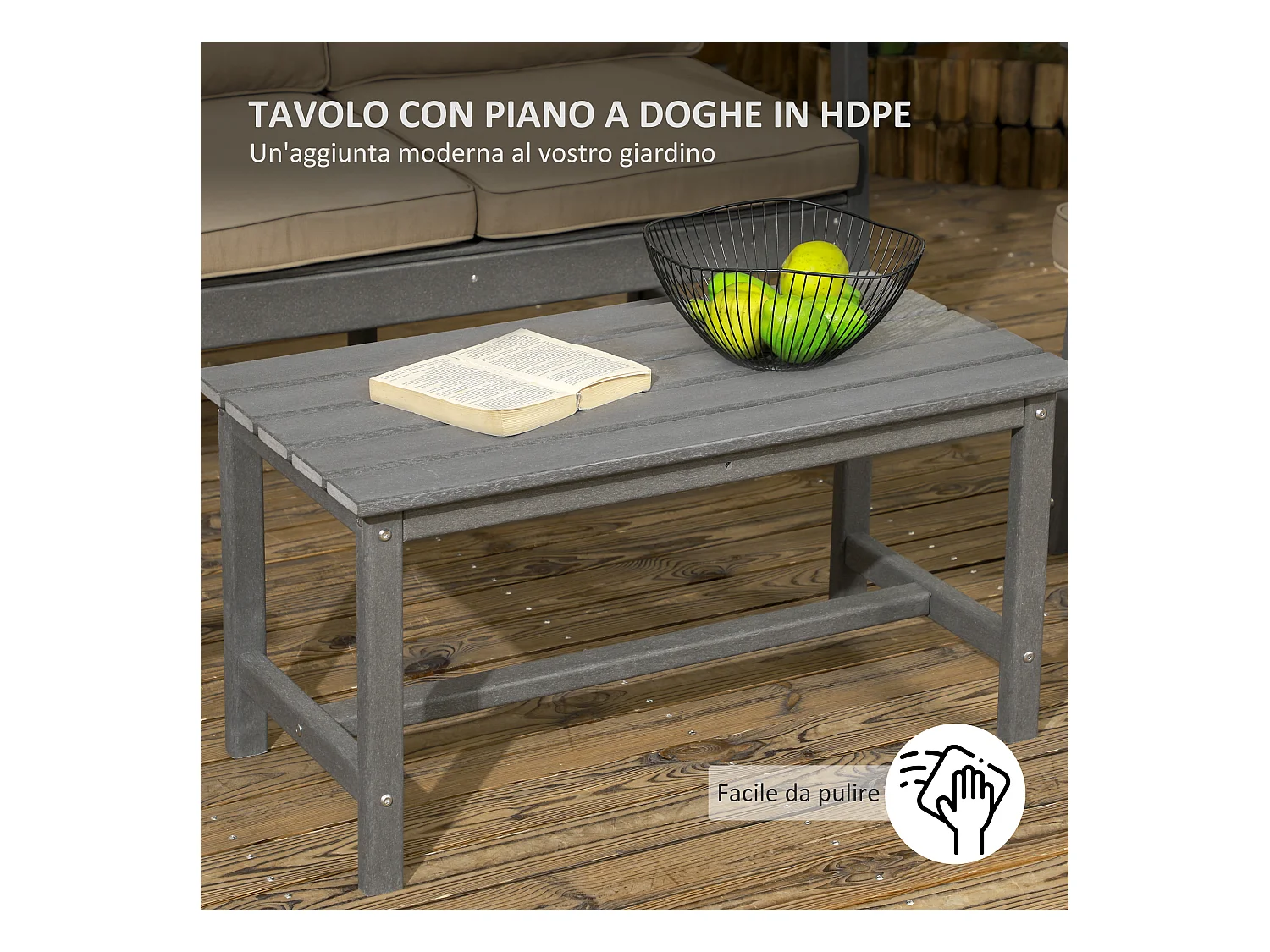 Set da giardino con 2 poltrone, divanetto e tavolino in hdpe grigio