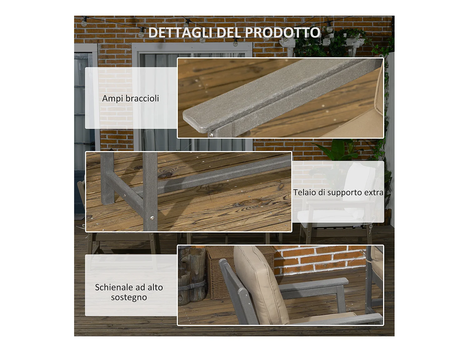 Set da giardino con 2 poltrone, divanetto e tavolino in hdpe grigio