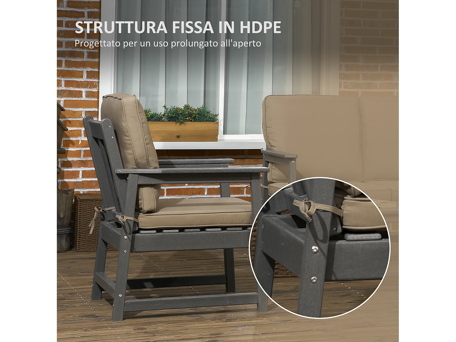 Set da giardino con 2 poltrone, divanetto e tavolino in hdpe grigio