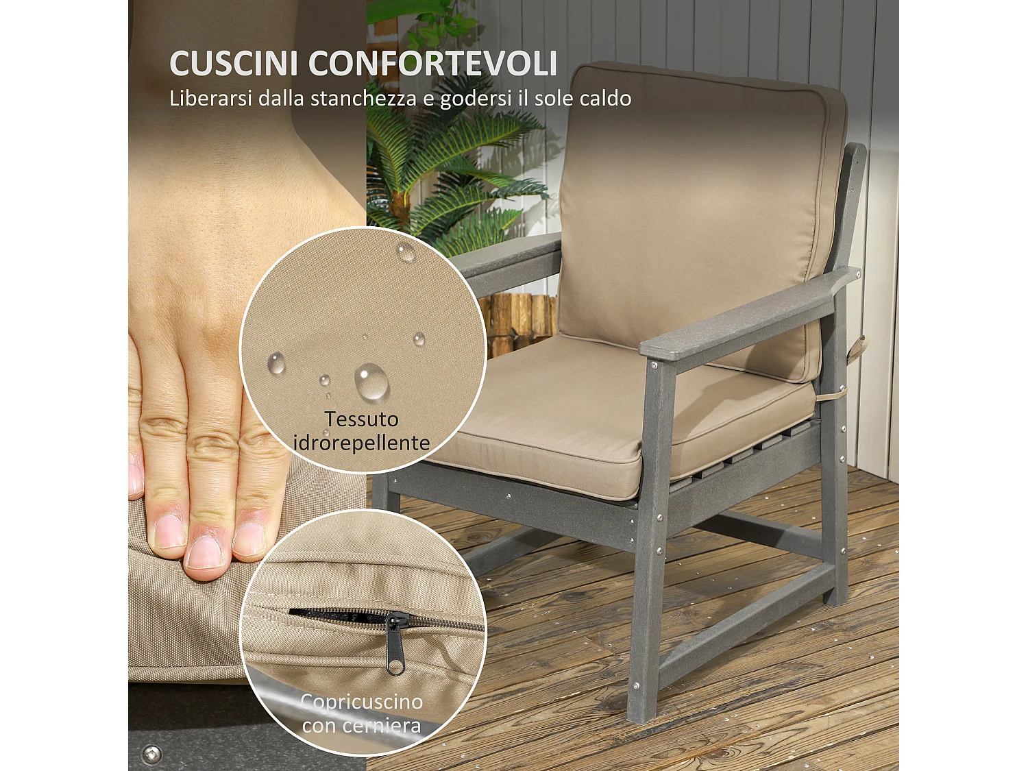 Set da giardino con 2 poltrone, divanetto e tavolino in hdpe grigio