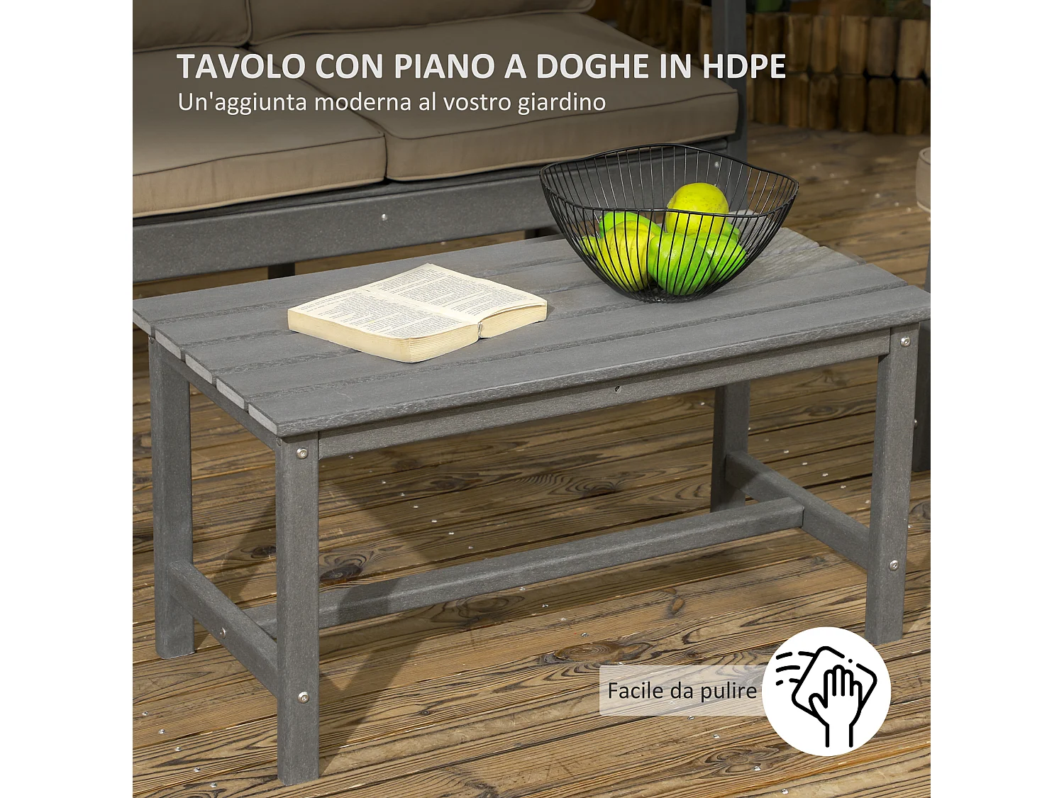 Set da giardino con 2 poltrone, divanetto e tavolino in hdpe grigio