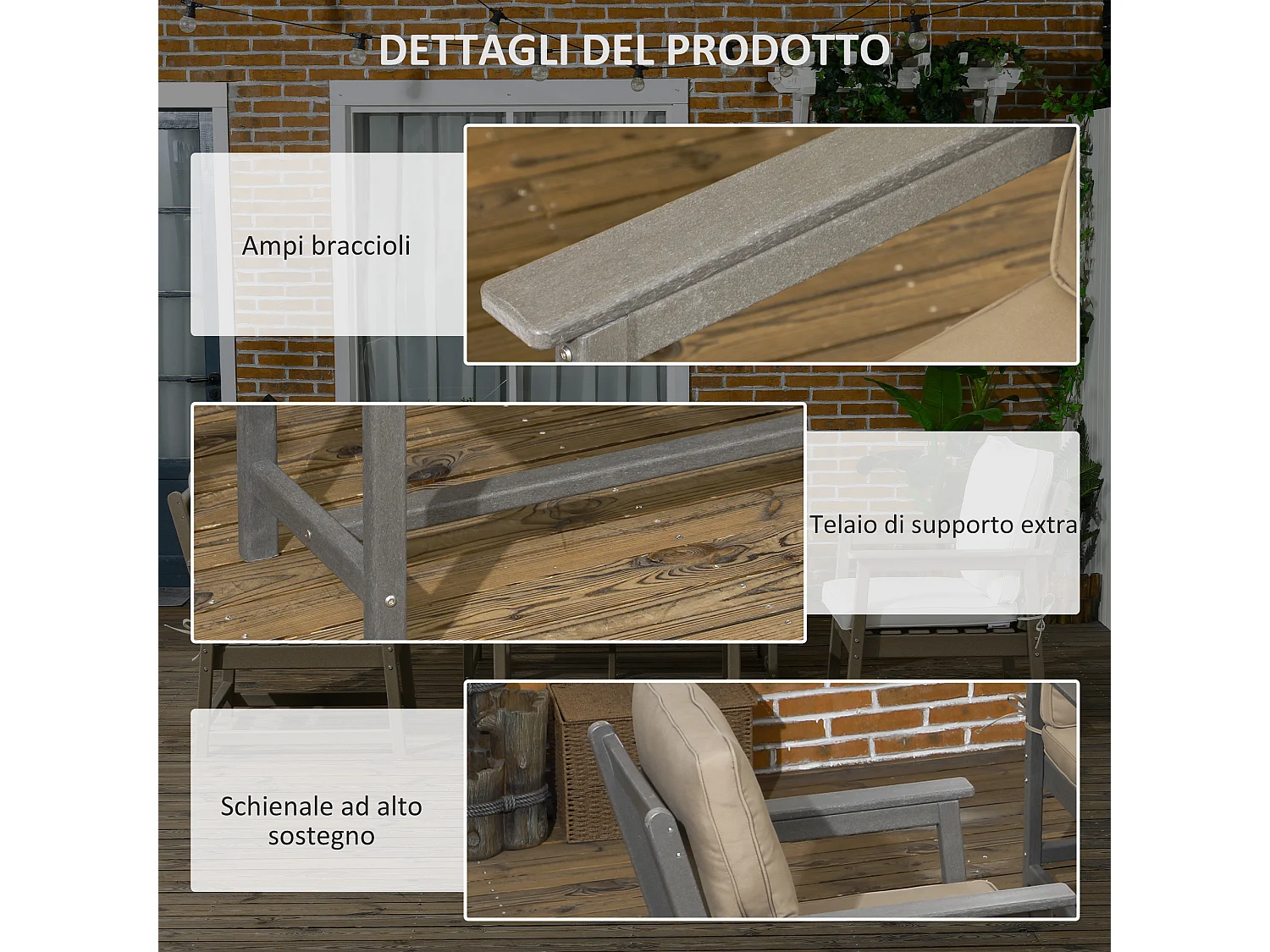 Set da giardino con 2 poltrone, divanetto e tavolino in hdpe grigio