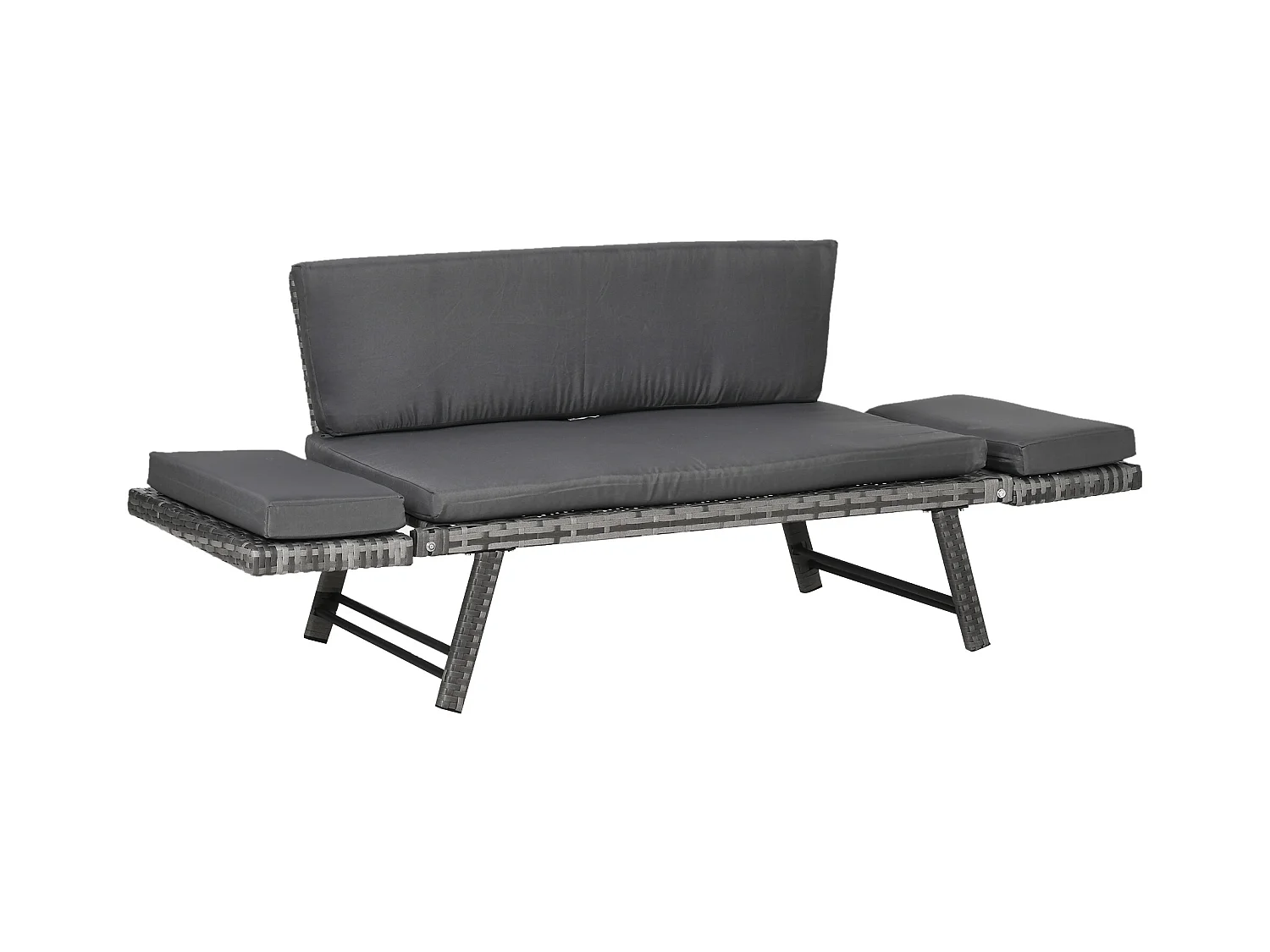 Divano da esterno con braccioli ribaltabili e cuscini in rattan grigio