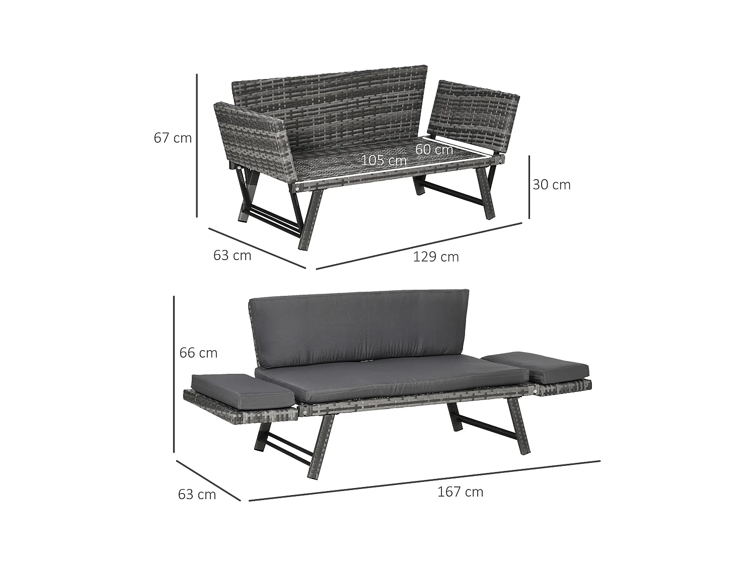 Divano da esterno con braccioli ribaltabili e cuscini in rattan grigio