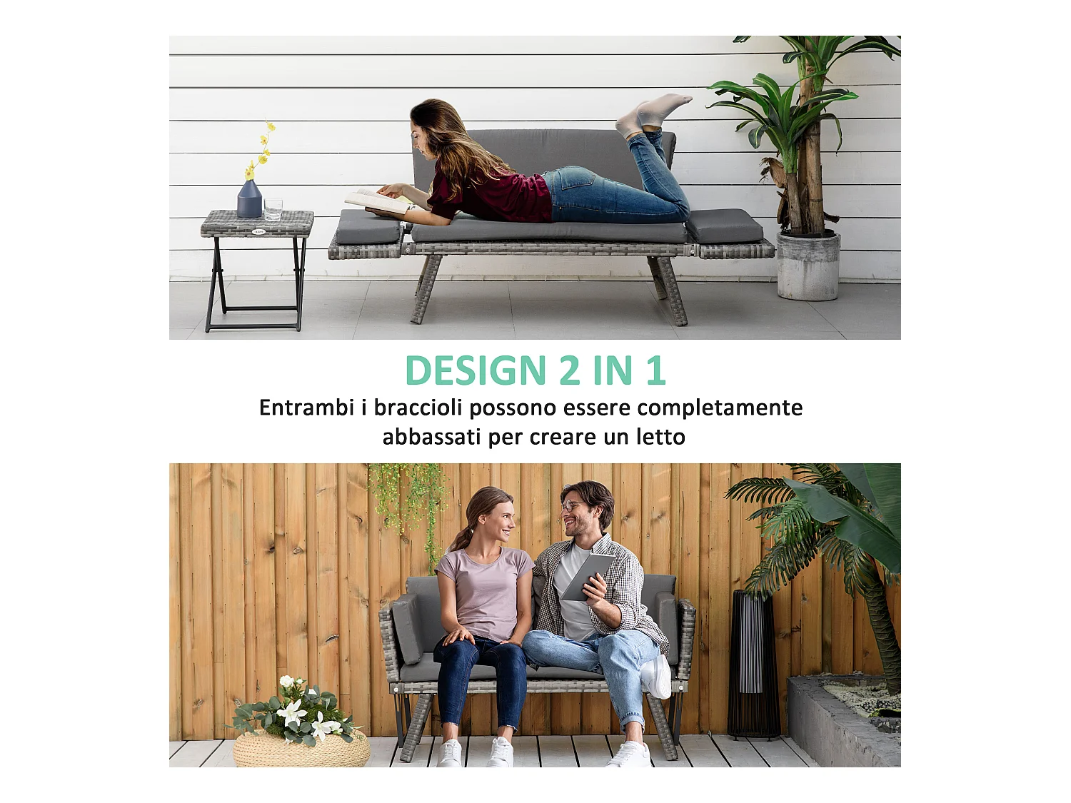 Divano da esterno con braccioli ribaltabili e cuscini in rattan grigio