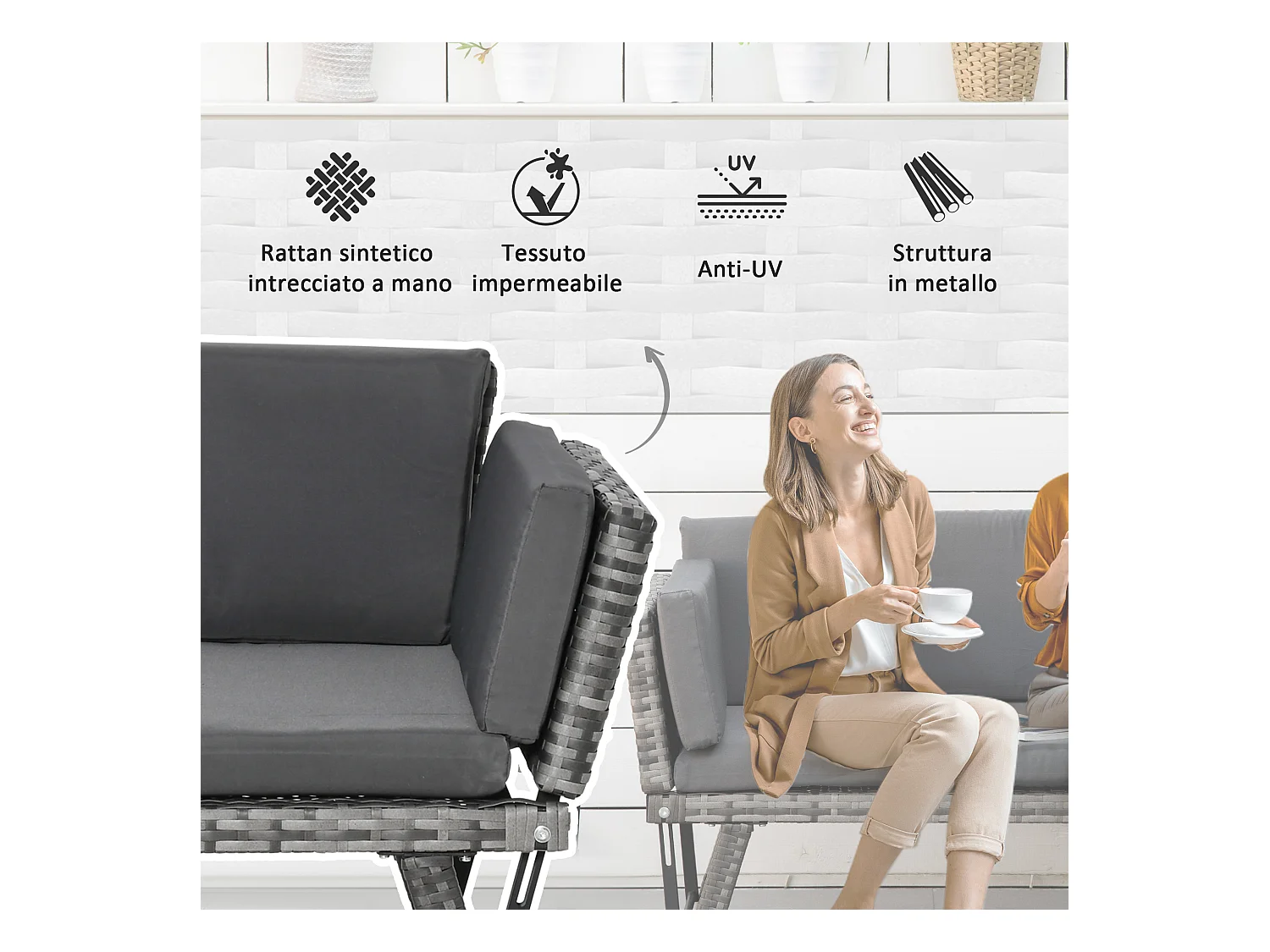Divano da esterno con braccioli ribaltabili e cuscini in rattan grigio