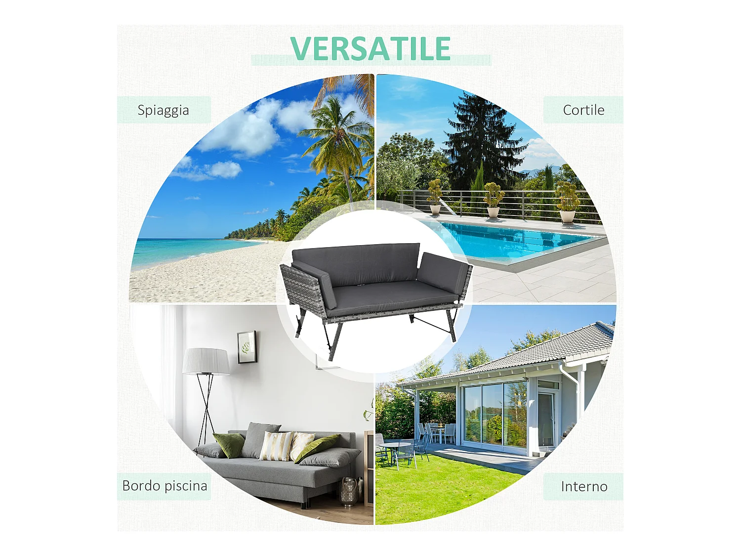 Divano da esterno con braccioli ribaltabili e cuscini in rattan grigio