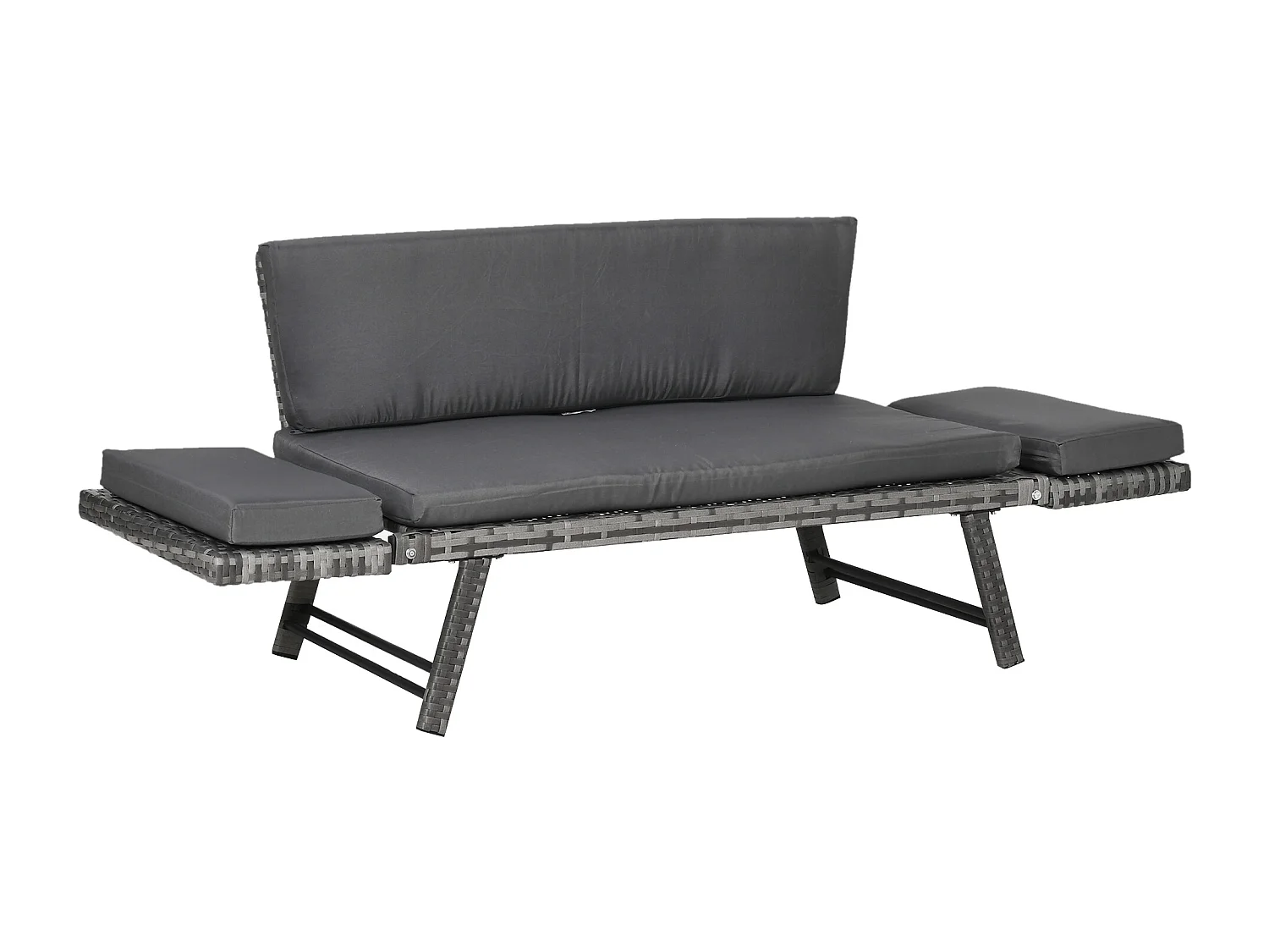Divano da esterno con braccioli ribaltabili e cuscini in rattan grigio