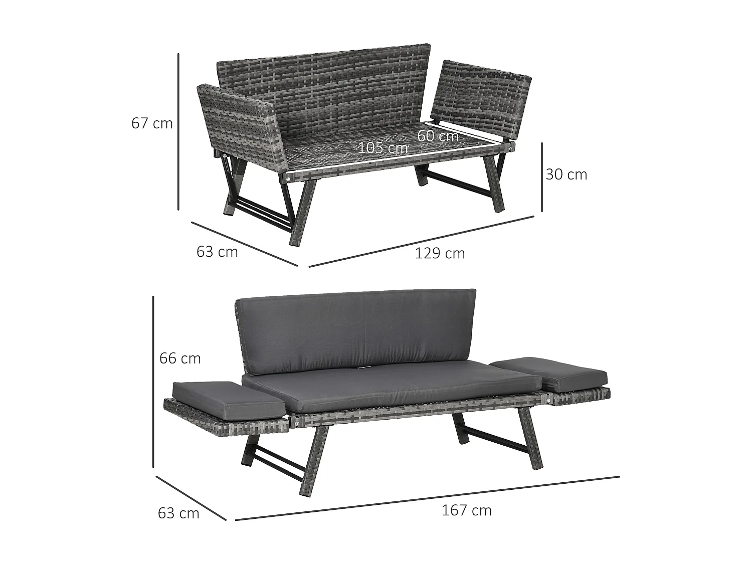 Divano da esterno con braccioli ribaltabili e cuscini in rattan grigio