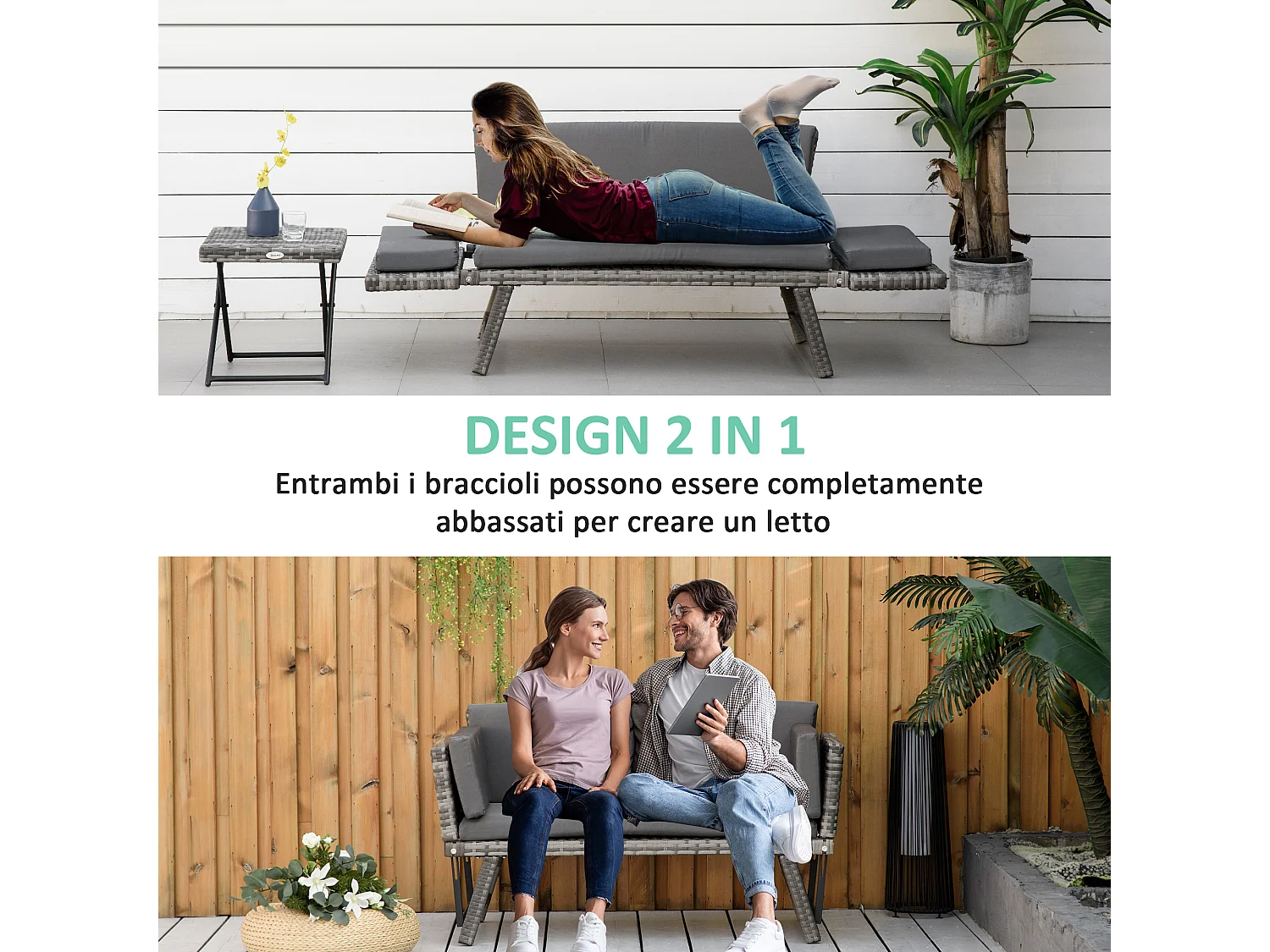 Divano da esterno con braccioli ribaltabili e cuscini in rattan grigio