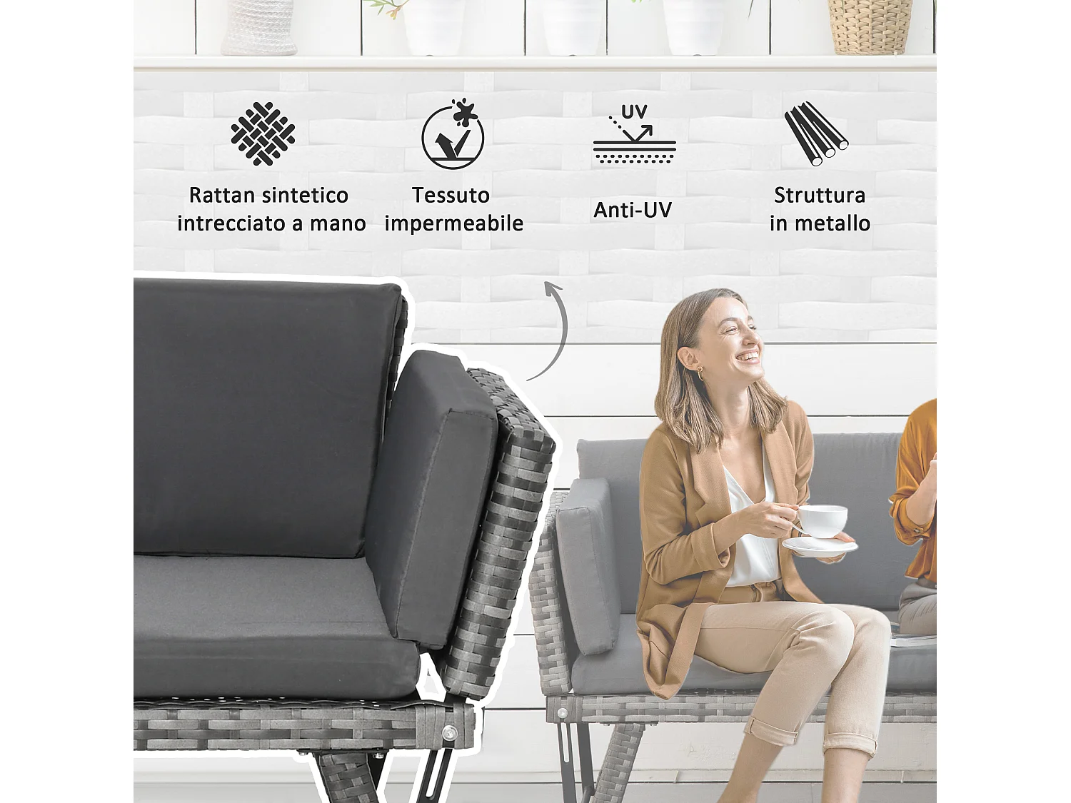 Divano da esterno con braccioli ribaltabili e cuscini in rattan grigio