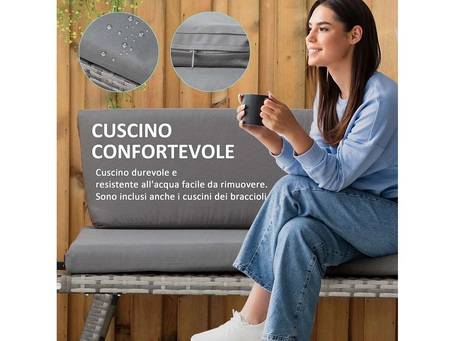 Divano da esterno con braccioli ribaltabili e cuscini in rattan grigio