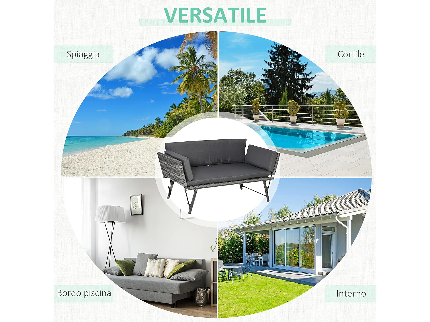 Divano da esterno con braccioli ribaltabili e cuscini in rattan grigio