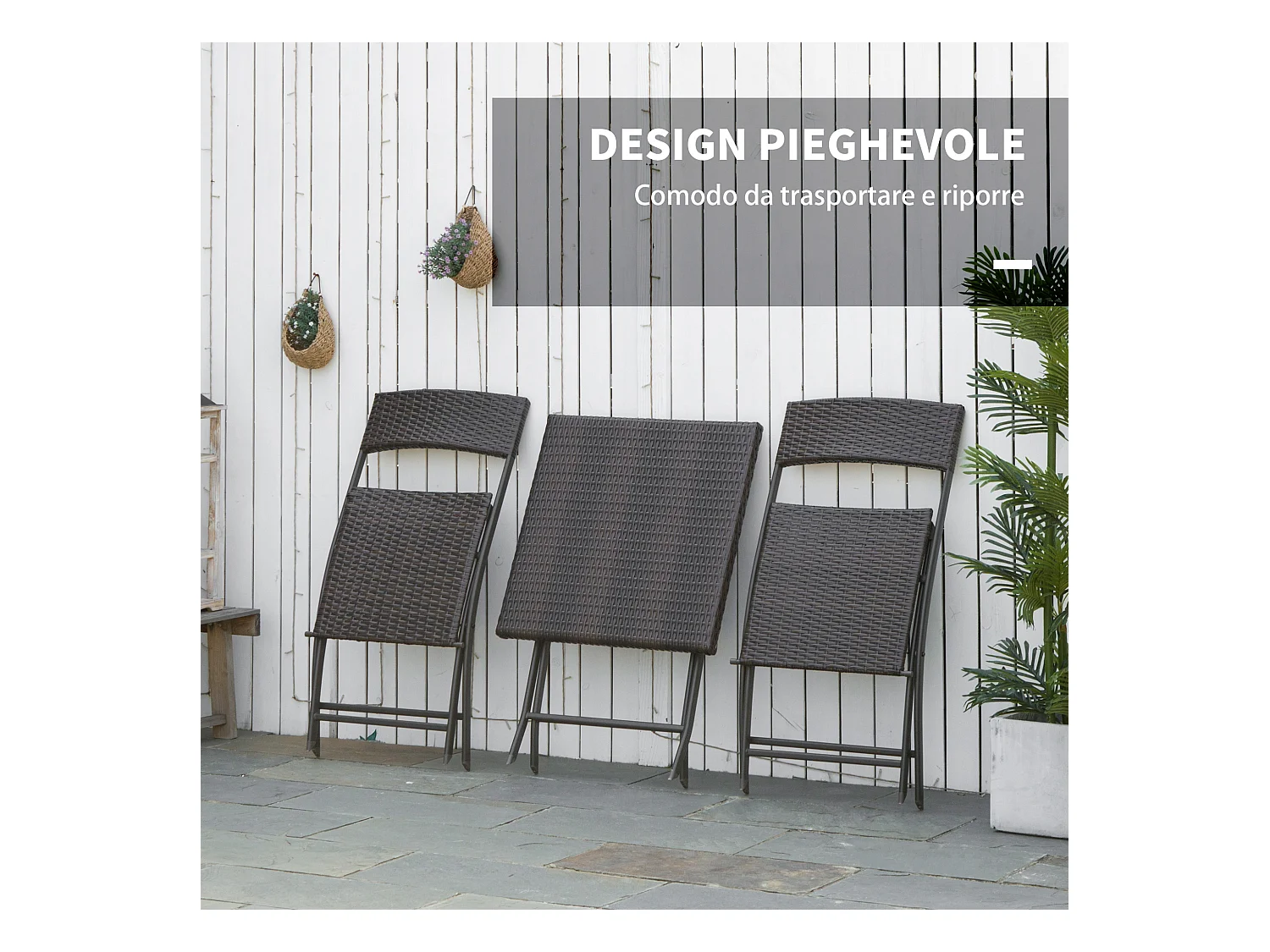 Set tavolino e sedie da giardino pieghevoli in rattan pe nero