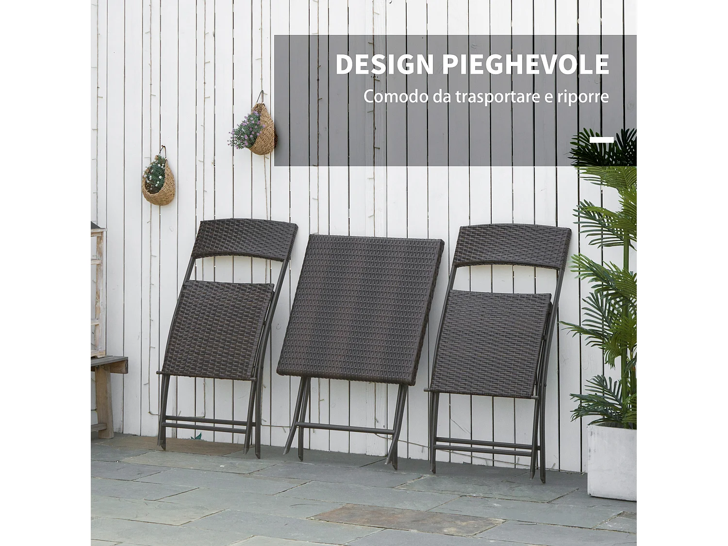 Set tavolino e sedie da giardino pieghevoli in rattan pe nero