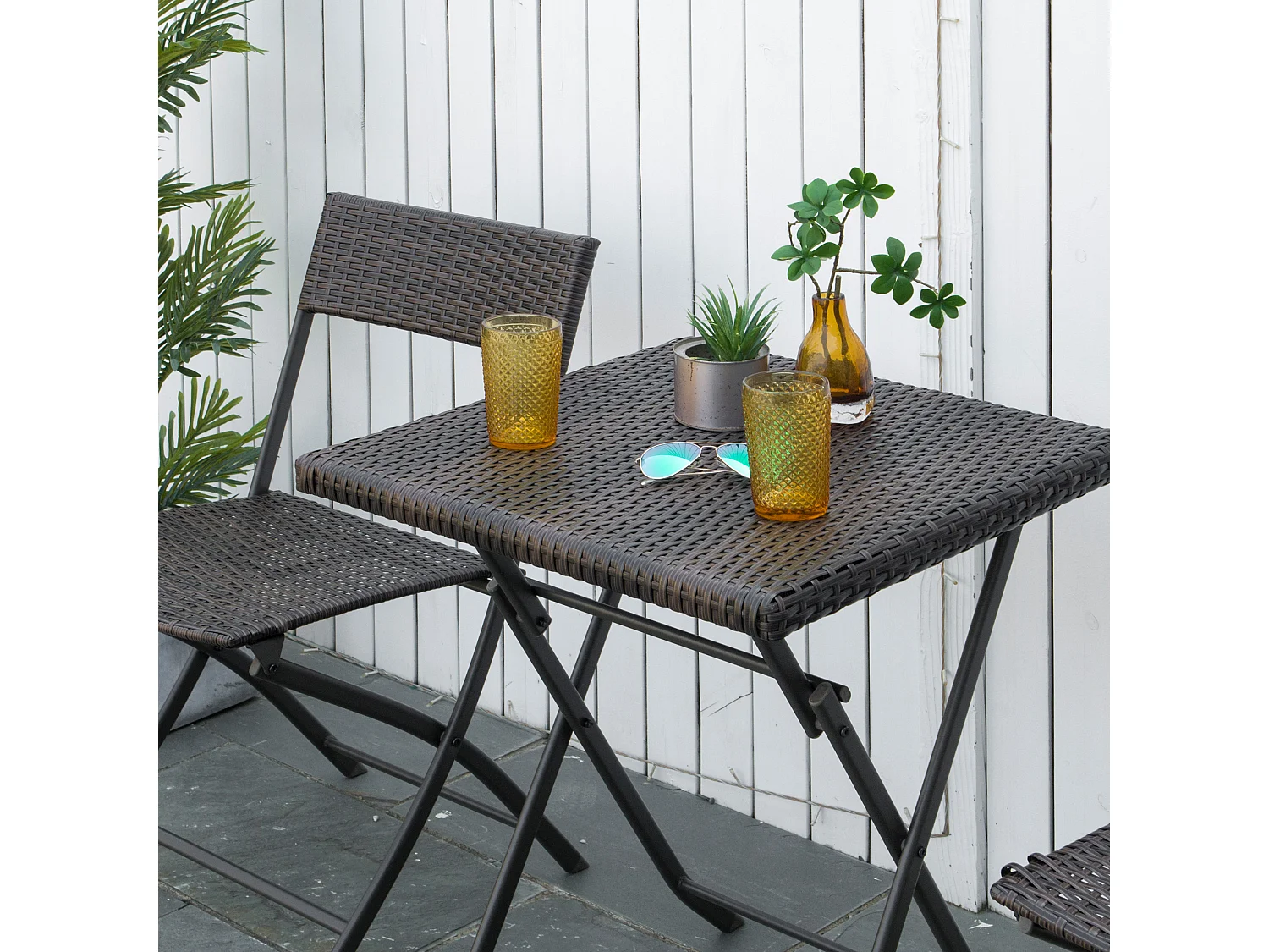 Set tavolino e sedie da giardino pieghevoli in rattan pe nero