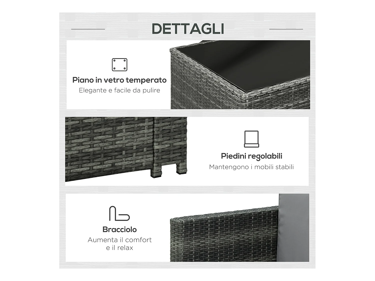 Set 7 pezzi salotto esterni con poltrona e tavolino grigio