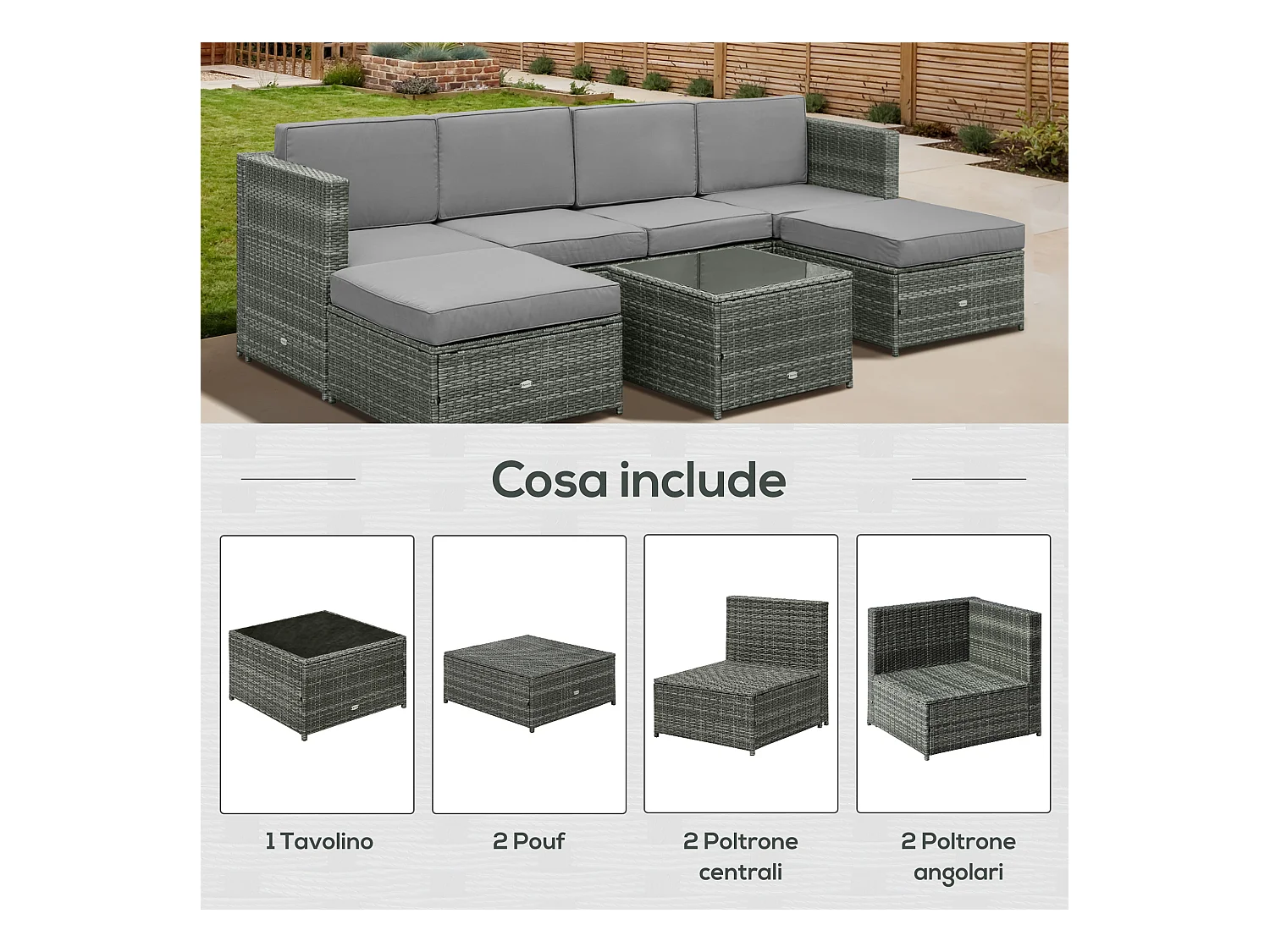Set 7 pezzi salotto esterni con poltrona e tavolino grigio