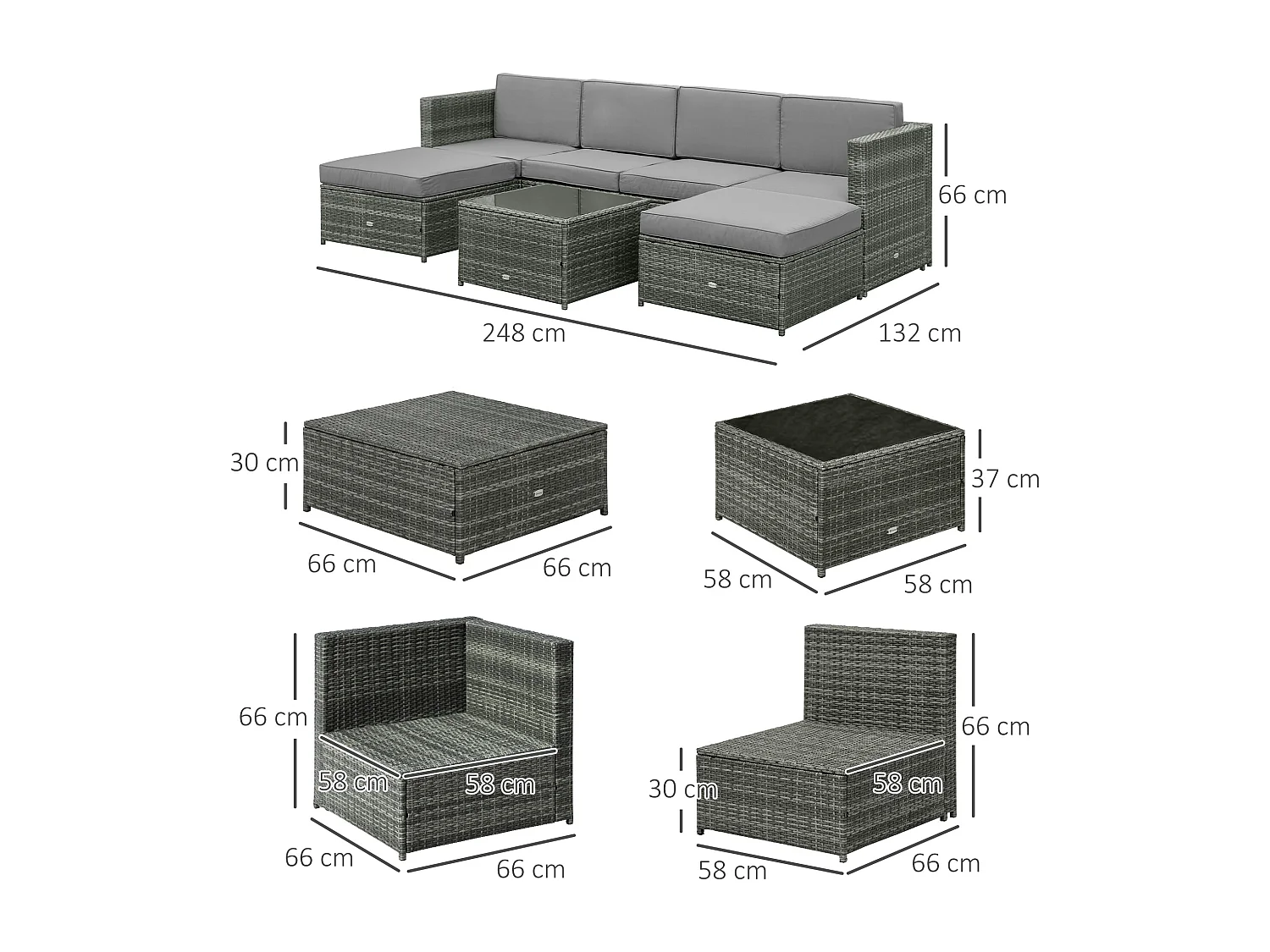 Set 7 pezzi salotto esterni con poltrona e tavolino grigio