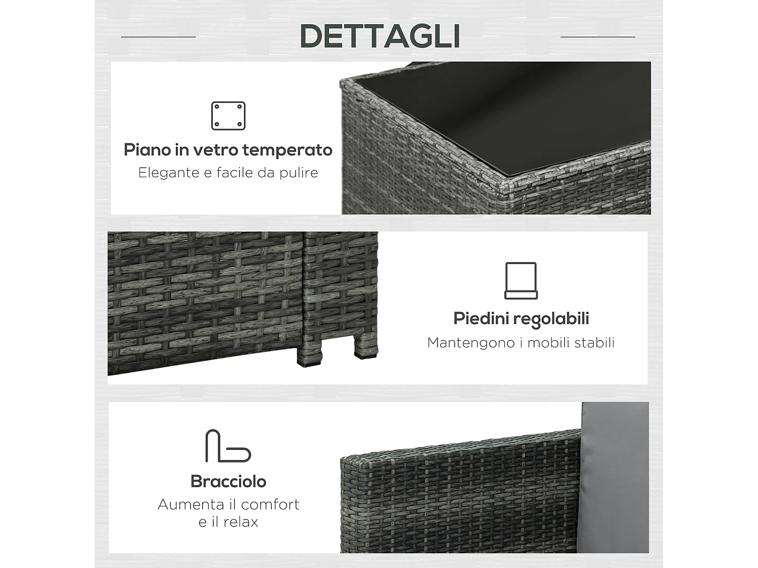 Set 7 pezzi salotto esterni con poltrona e tavolino grigio