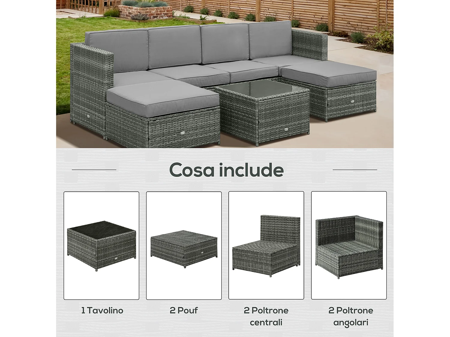 Set 7 pezzi salotto esterni con poltrona e tavolino grigio