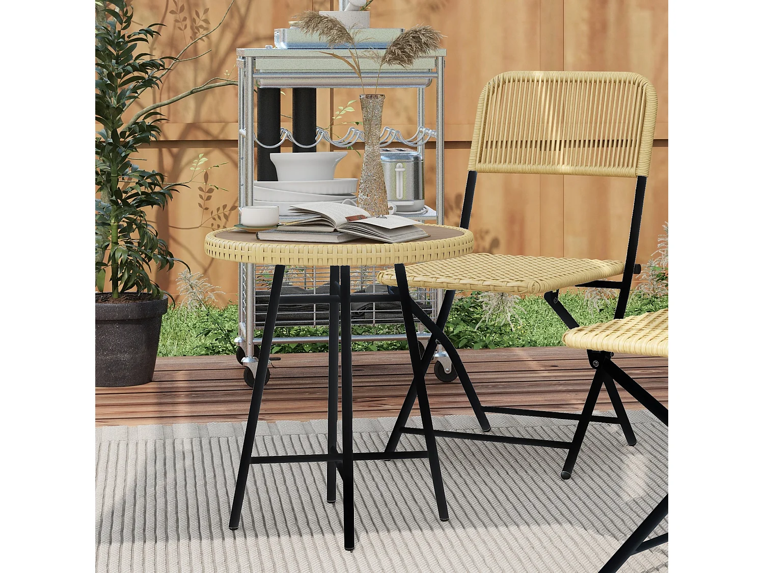 Tavolino per esterni in rattan e plastica di legno grigio e nero