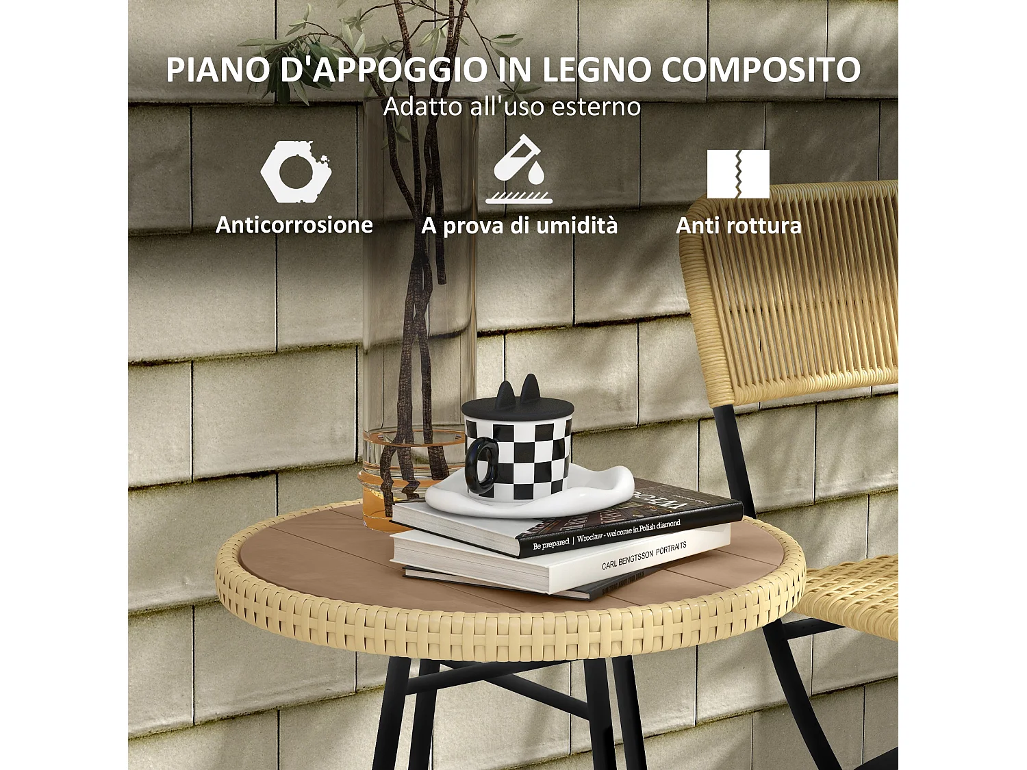 Tavolino per esterni in rattan e plastica di legno grigio e nero