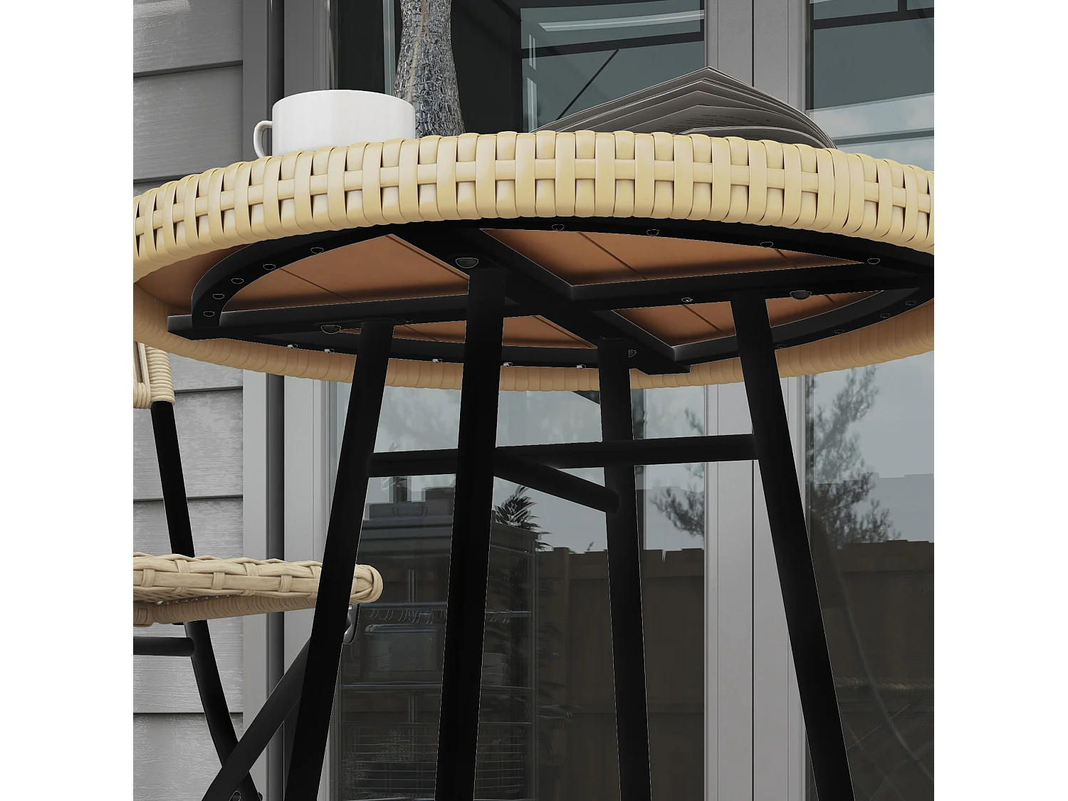 Tavolino per esterni in rattan e plastica di legno grigio e nero