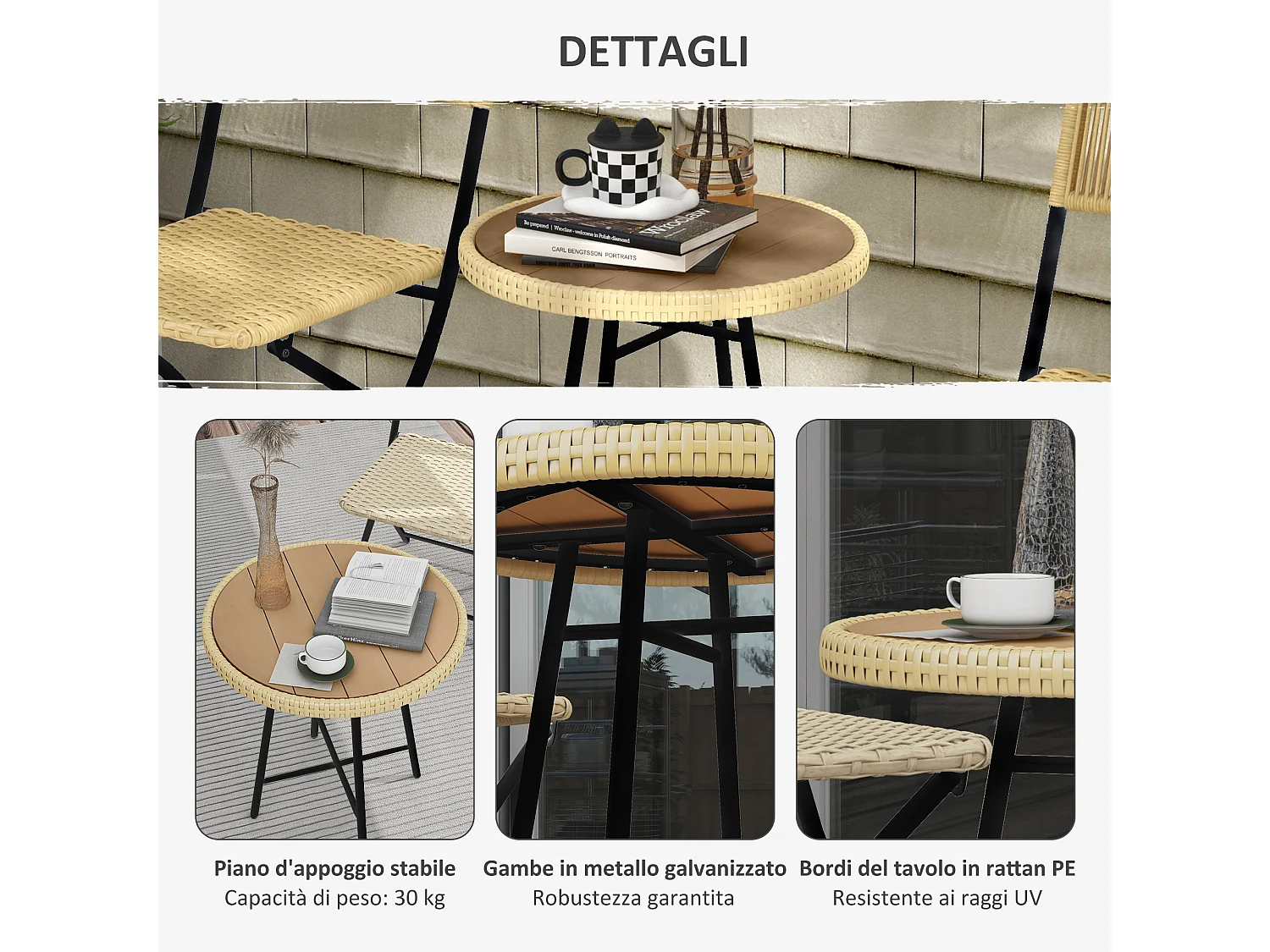 Tavolino per esterni in rattan e plastica di legno grigio e nero