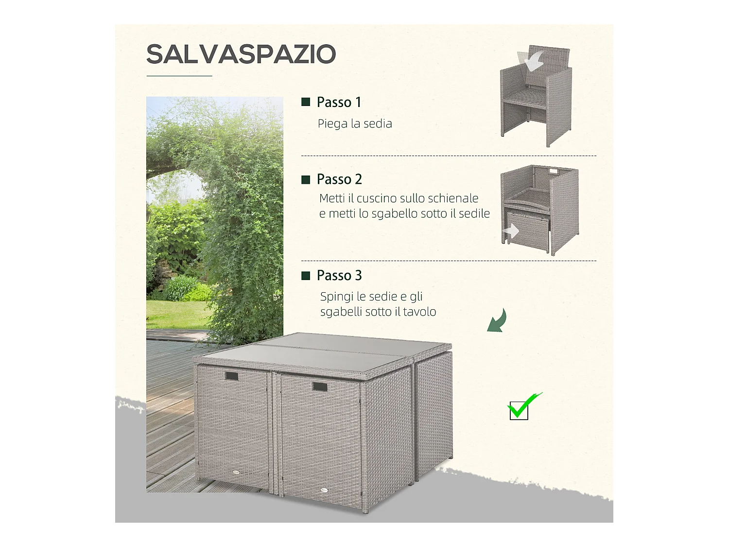 Set mobili da giardino esterno 9pz rattan grigio